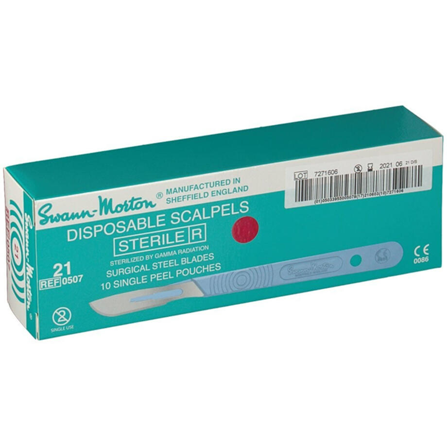Sterile blades with handle, disposable (stainless), size 21, 10 pieces