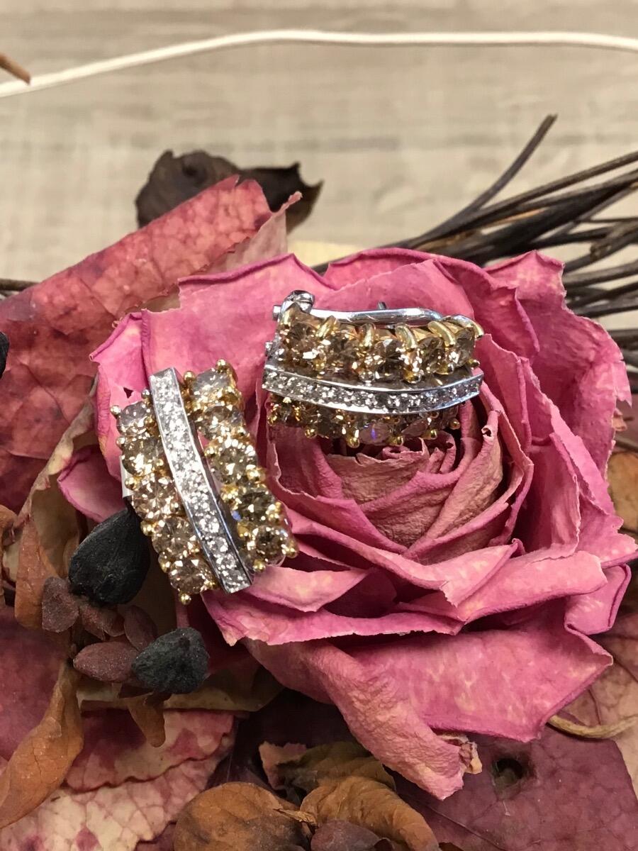 
# Yellow gold and white gold earrings, clip-on posts, 3 rows of natural diamonds, 2 rows in cognac color TLB 2.4 ct and a row of