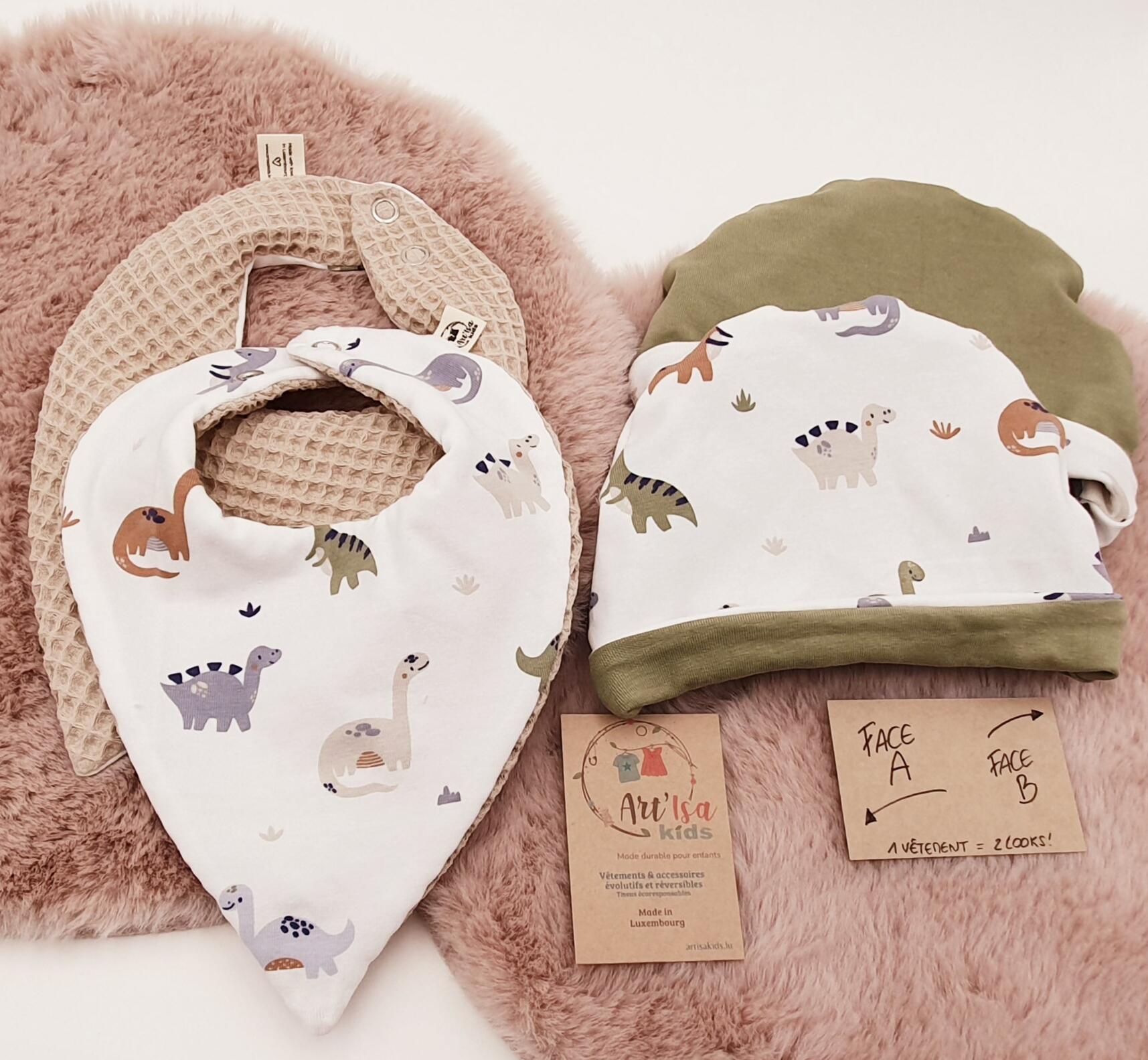Ensemble bonnet + bandana "Dinosaures"