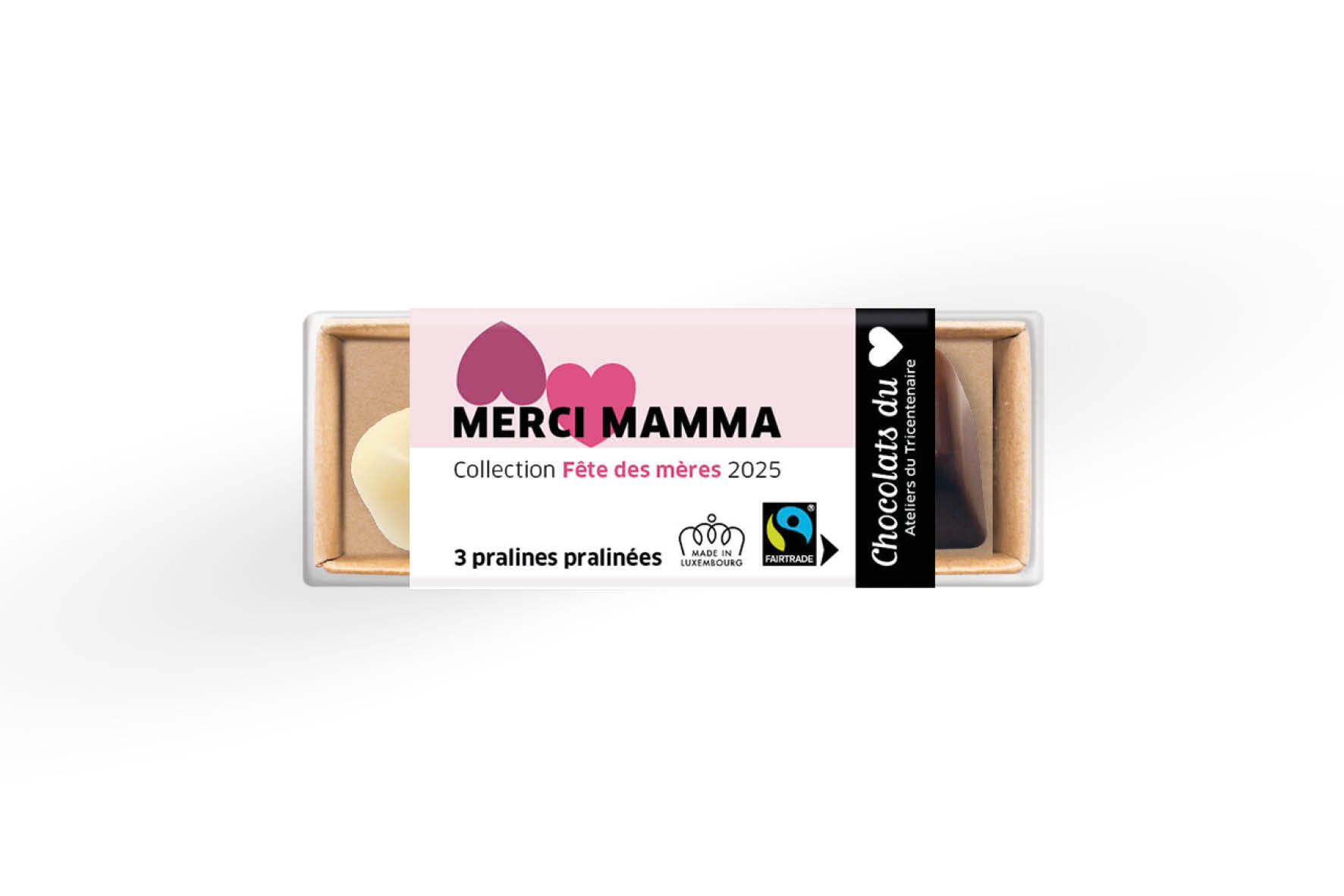 Muttertag - Etui-kraft 3 Pralinen "coeur praliné" Fairtrade 25gr.