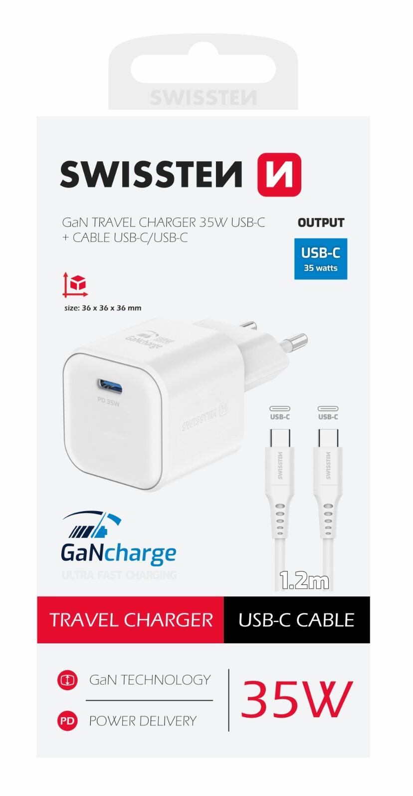 SWISSTEN TRAVEL CHARGER GaN 1x USB-C 35W POWER DELIVERY WHITE + DATA CABLE USB-C/USB-C 1,2 M WHITE