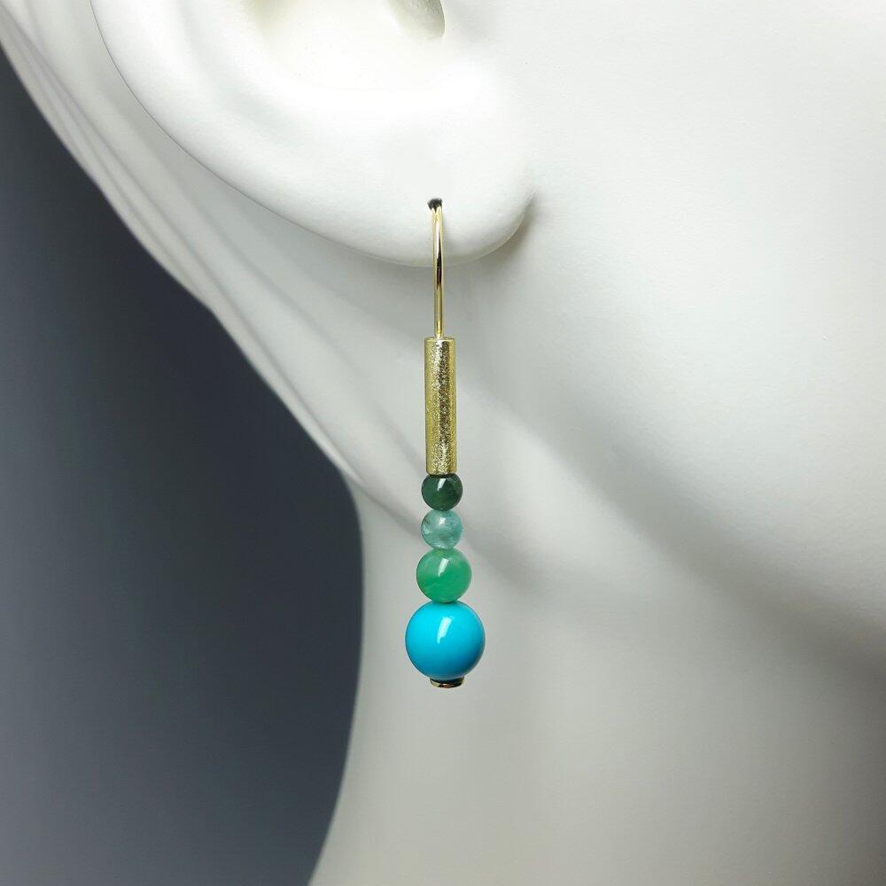 18k yellow gold drop earrings with turquoise, tourmaline, and opal beads. One of a kind.