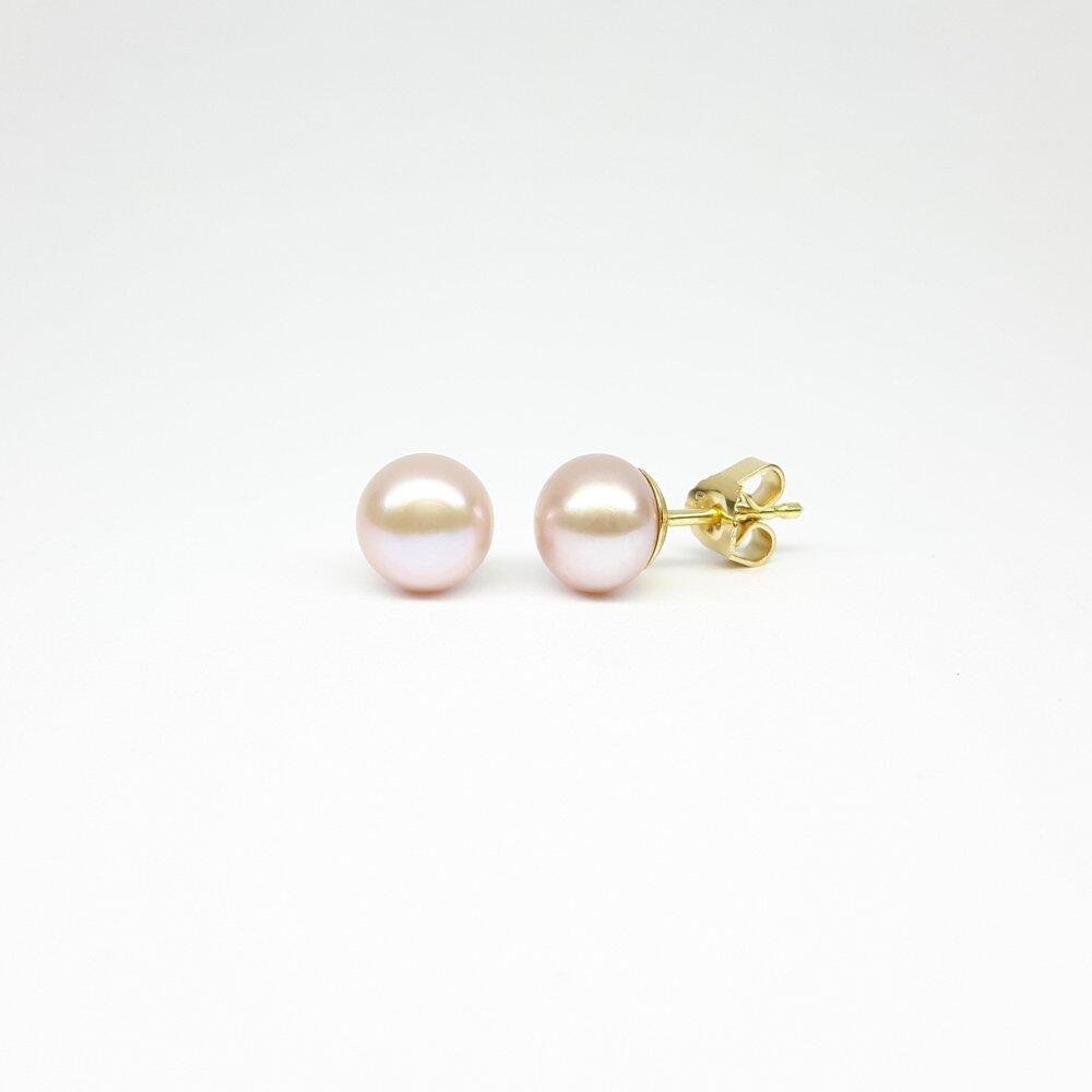 Boucles d'oreilles en or jaune 18kt et perles roses de culture d'eau douce bouton Ø7,5mm