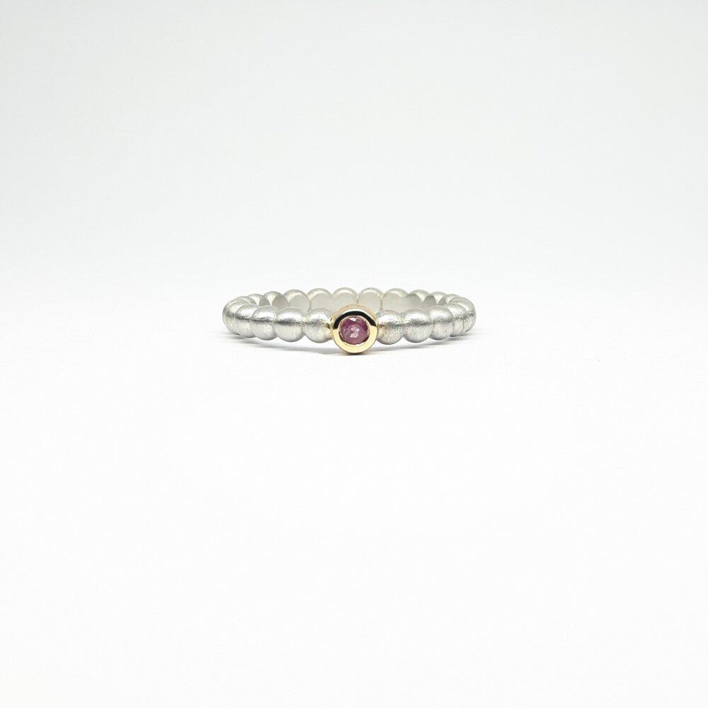 "round around", ball ring in 925 silver, 18kt yellow gold and pink tourmaline.