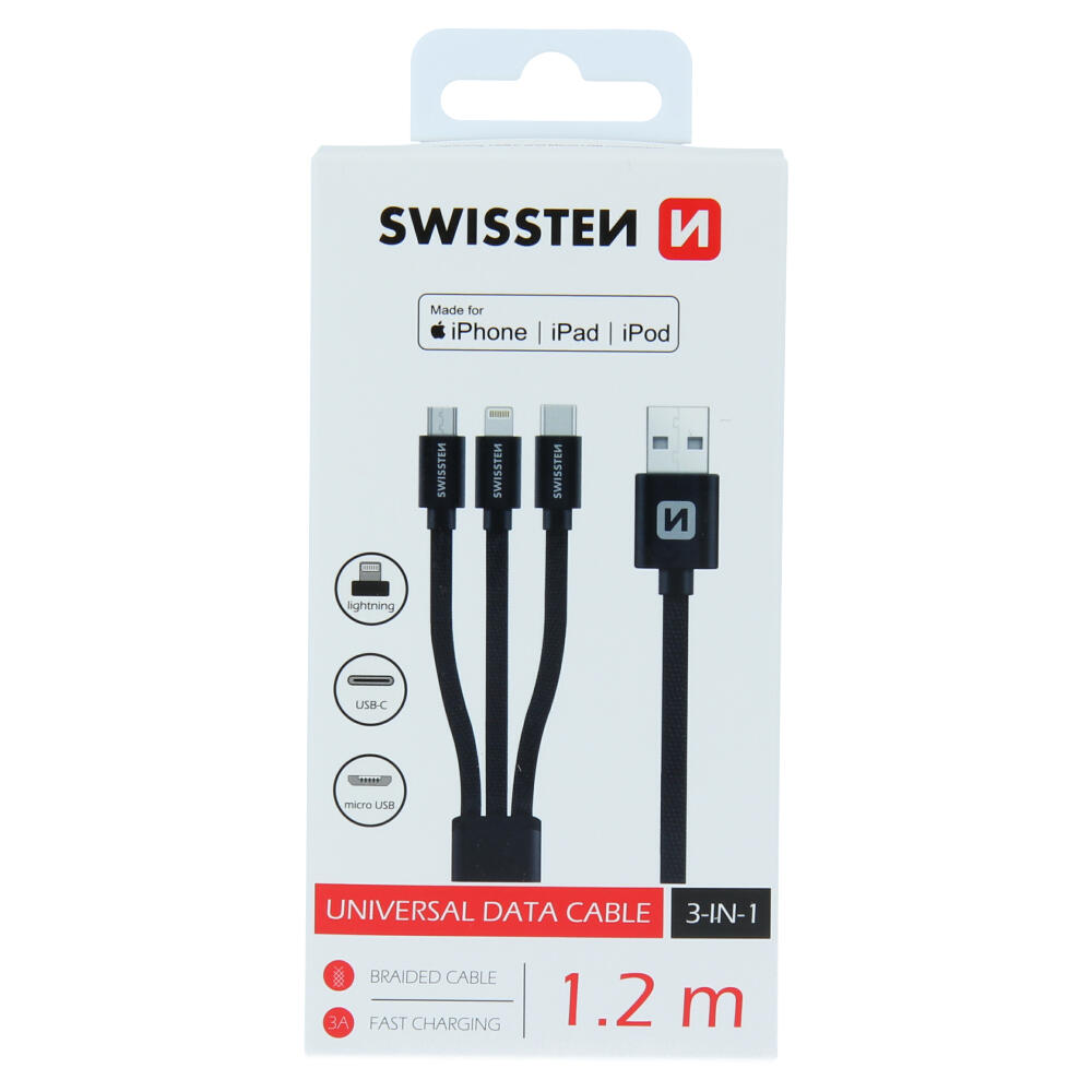 DATA CABLE SWISSTEN TEXTILE 3in1 MFi 1,2 M BLACK