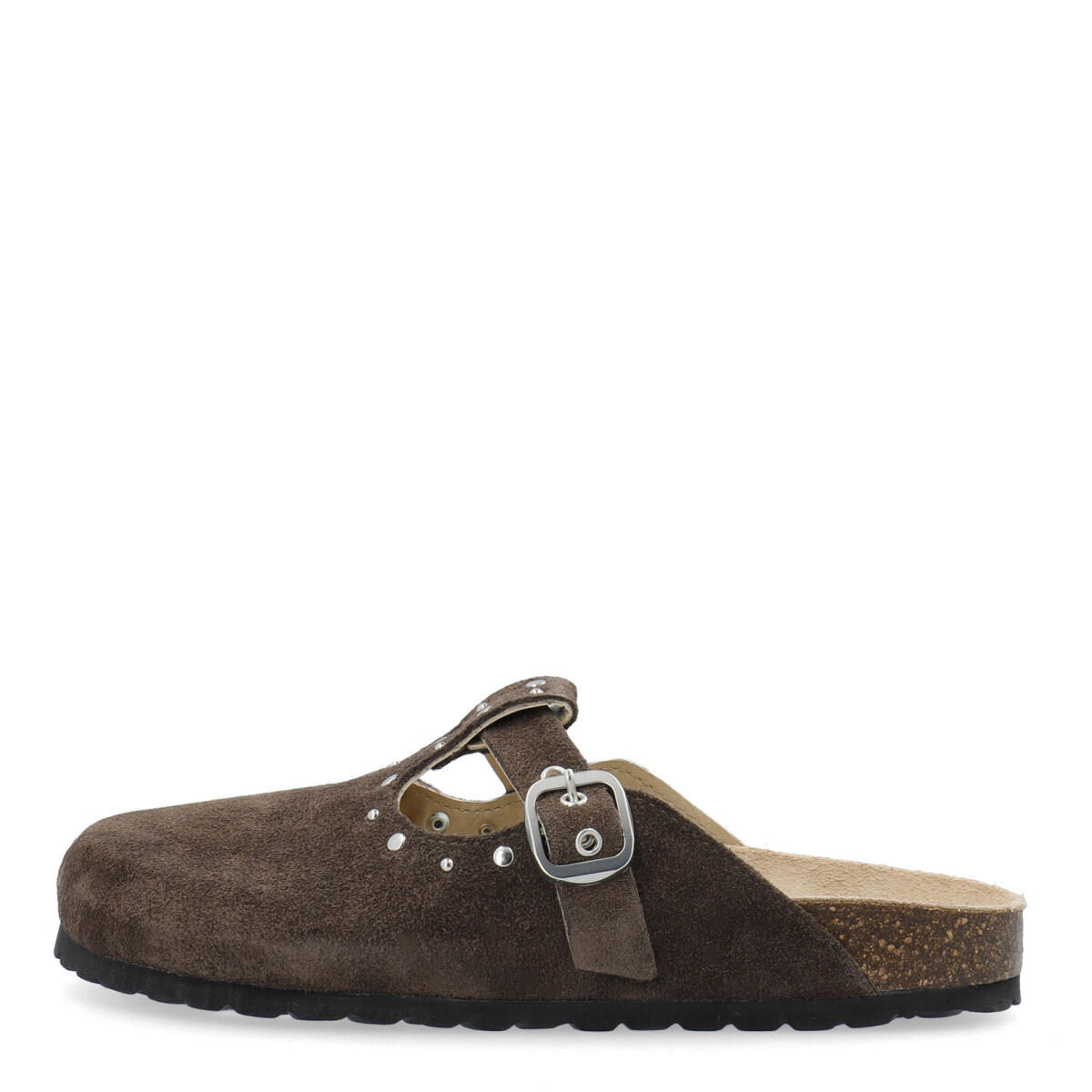 Pantolette aus Wildleder mit Nieten und verstellbarem Riemen