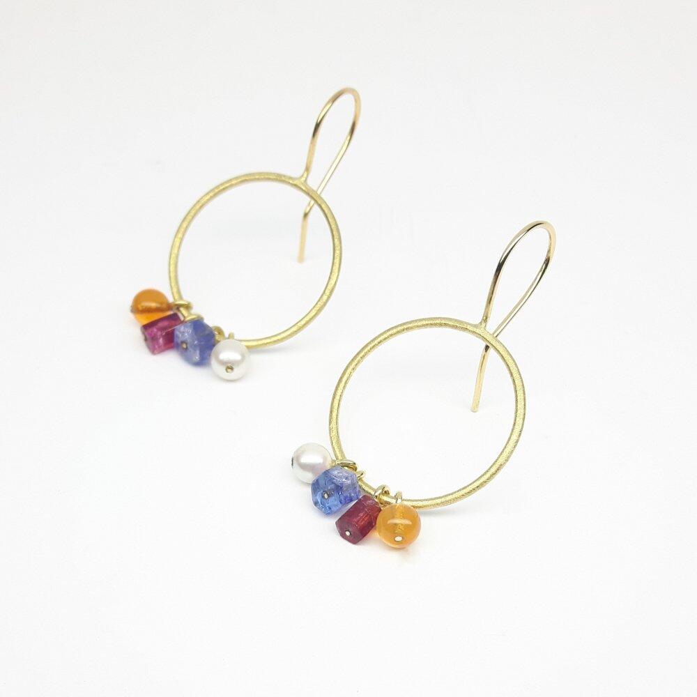 Earrings in 18kt yellow gold, fire opal, tanzanite, pink tourmaline and pearls. One of a kind.