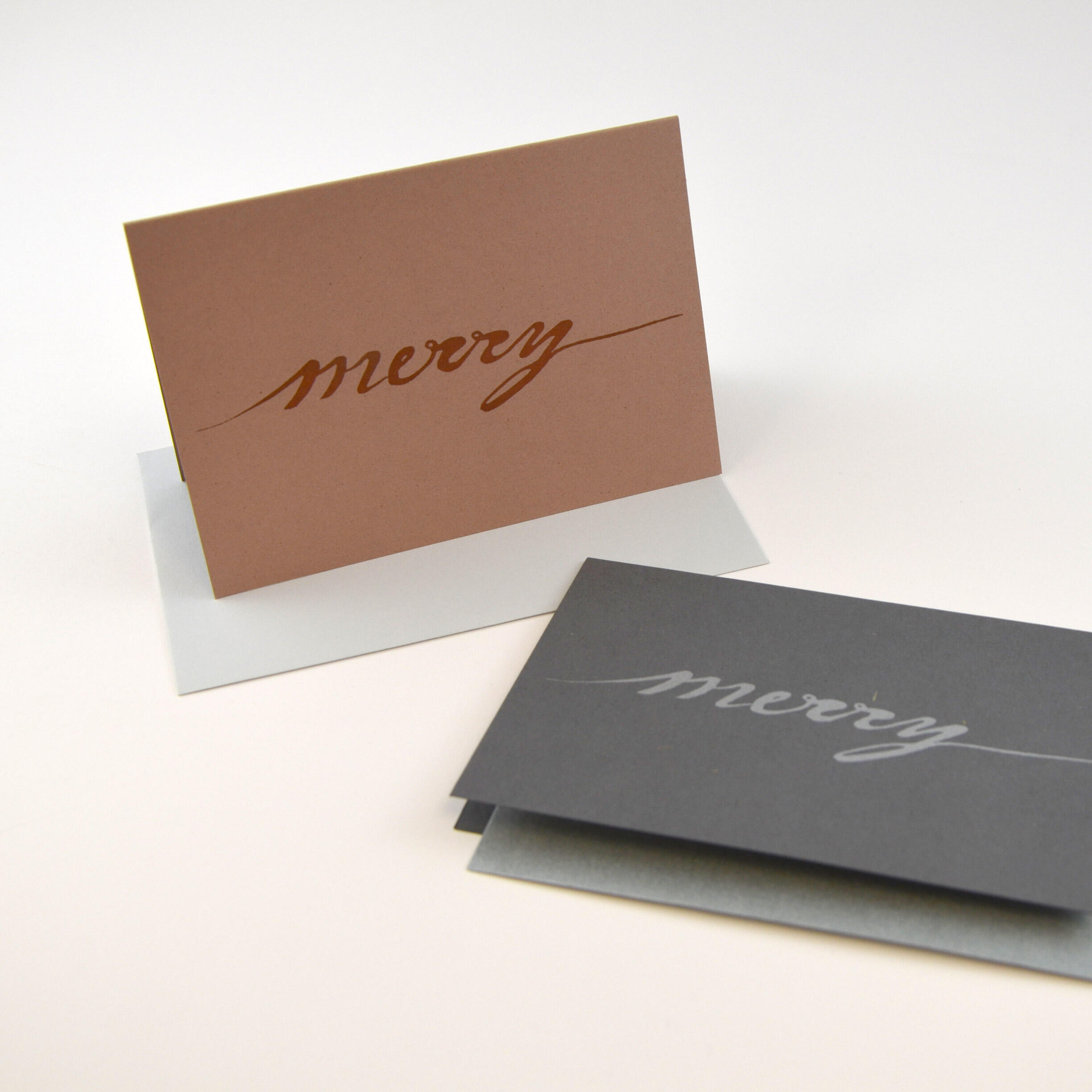 Christmas card "Merry", hand printed, in metallic font (rosé or silver), with envelope