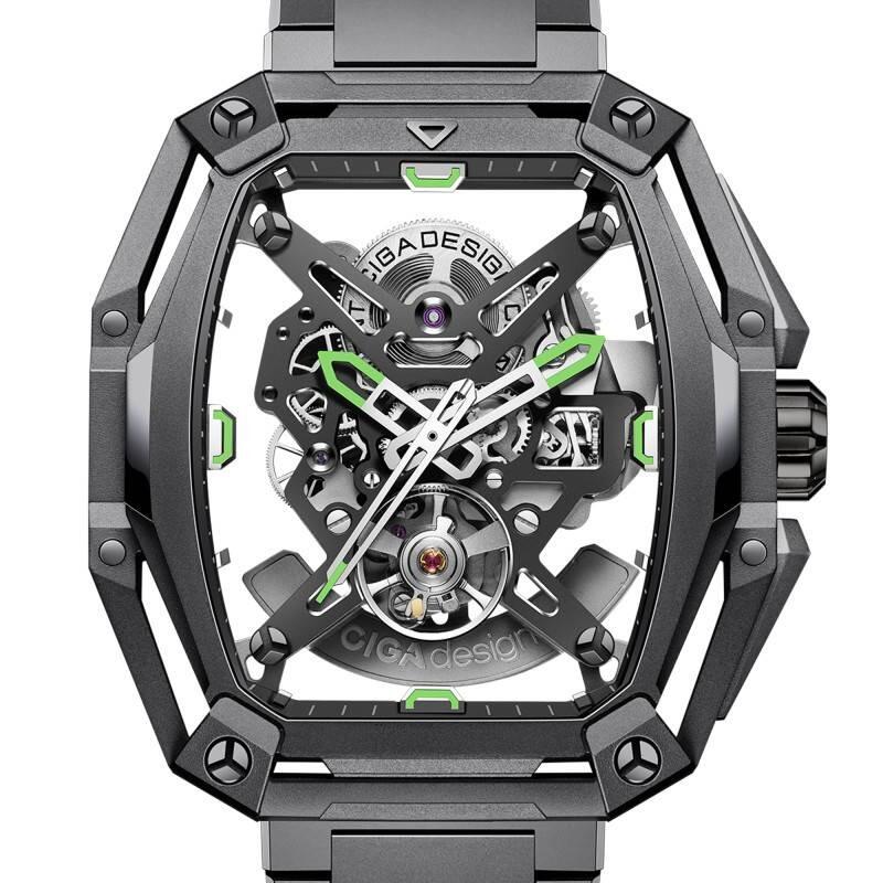 Automatik-Uhr CIGA Design Series Z Hunter Black, grüne Zeiger, Skelett-Design, extremer Sichtbarkeit, schwarzes DLC-diamantähnliches Gehäuse