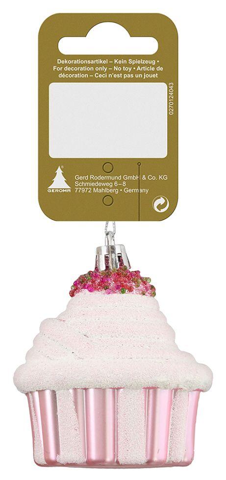 Cupcake Christmas ornament, plastic, pink and white, 6 x 7 cm