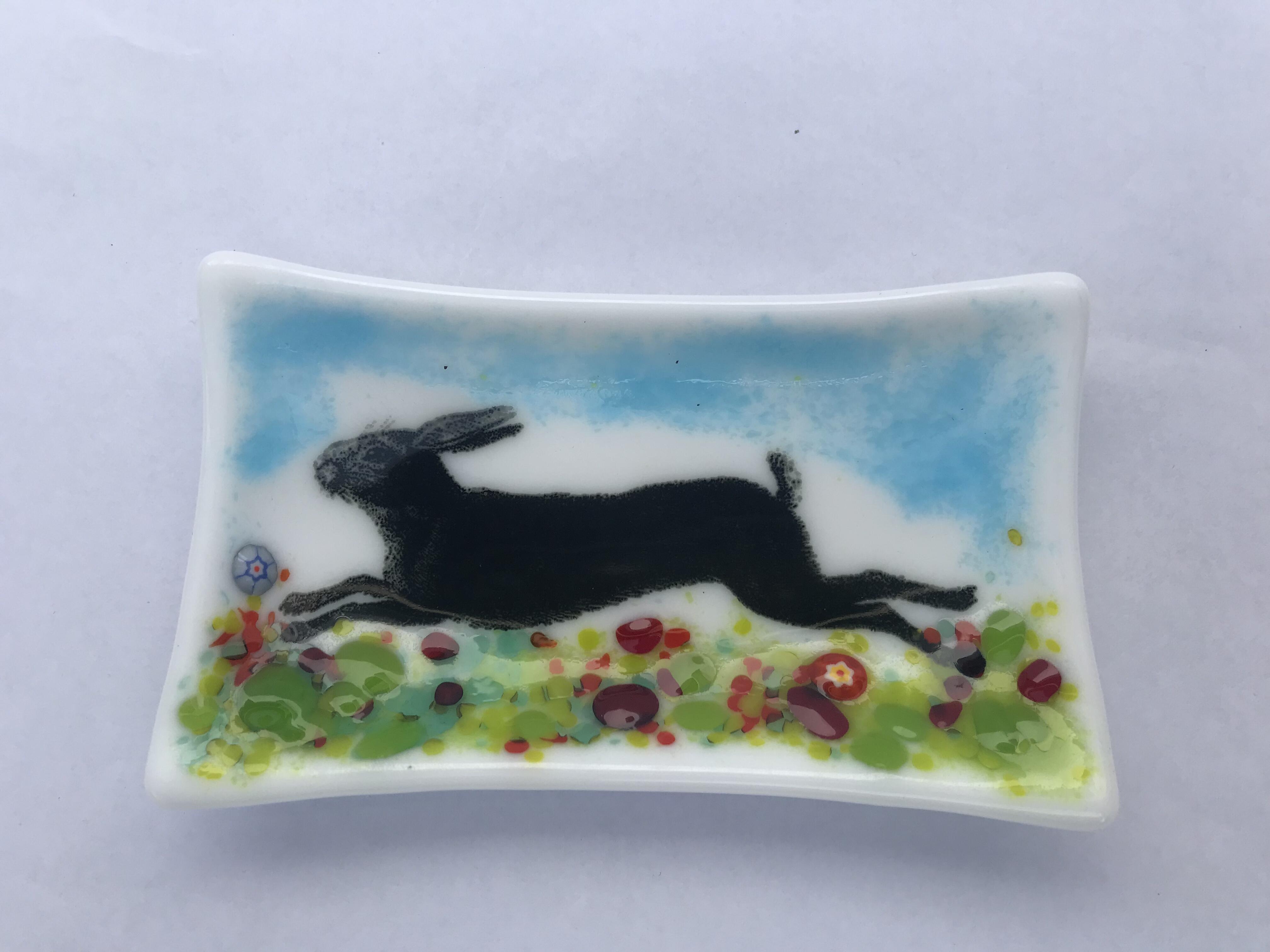 Small bowl with rabbit and murrini, handmade, opaque glass