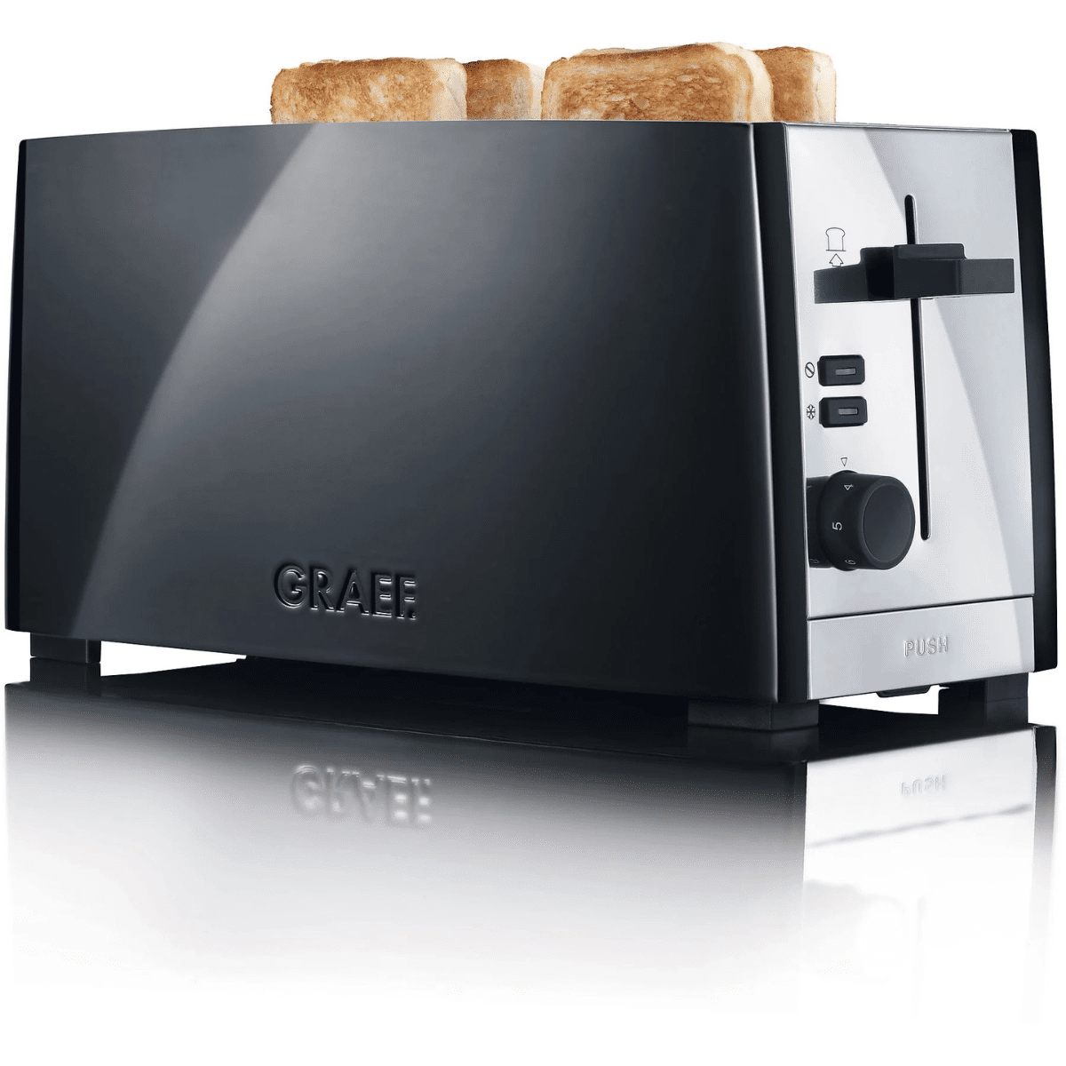 Graef TO102EU Toaster – 2-slice, 6 browning levels, defrost & reheat function, stainless steel/black