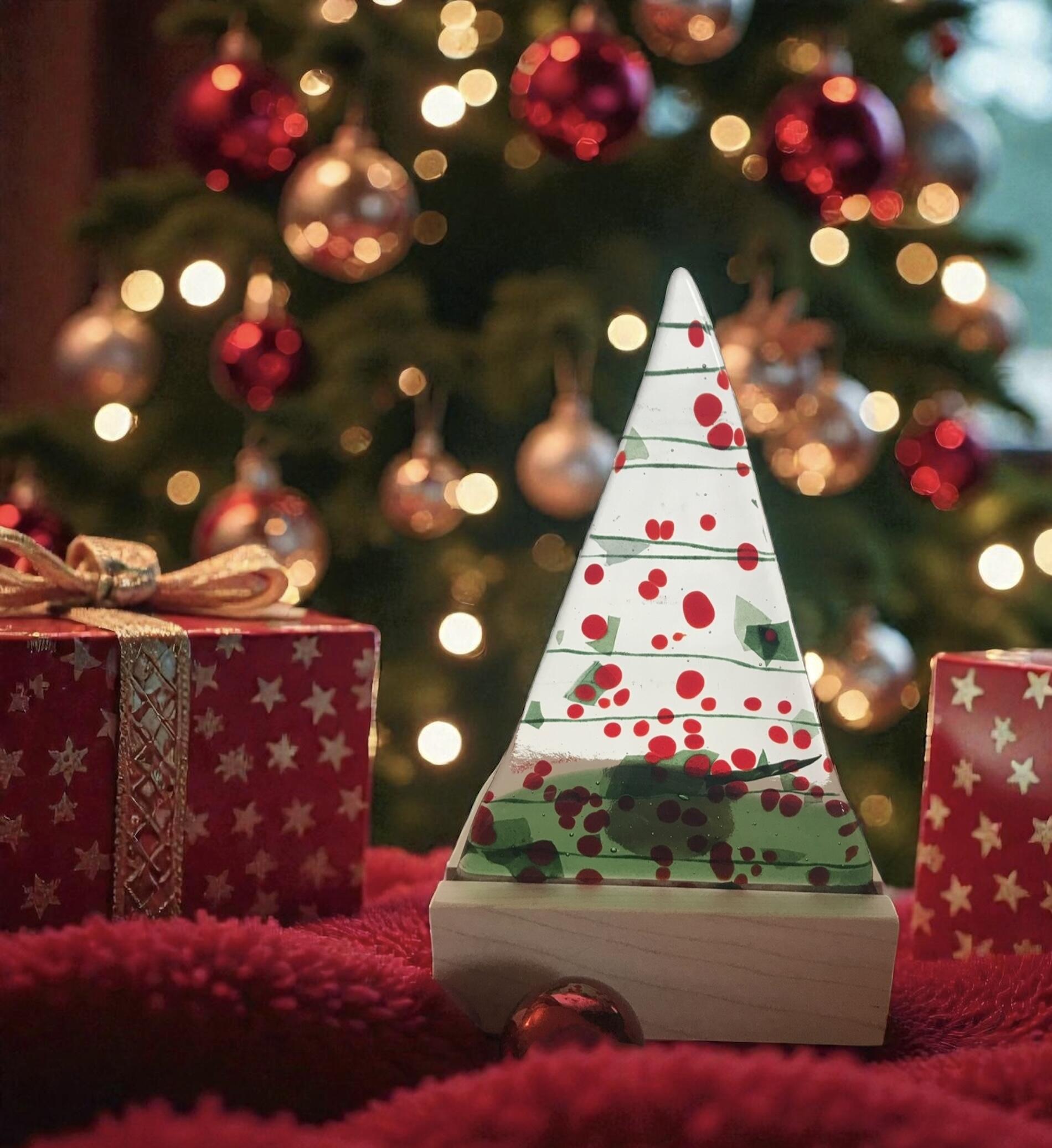 Sapin de Noël en verre, bougie chauffe-plat, fait à la main