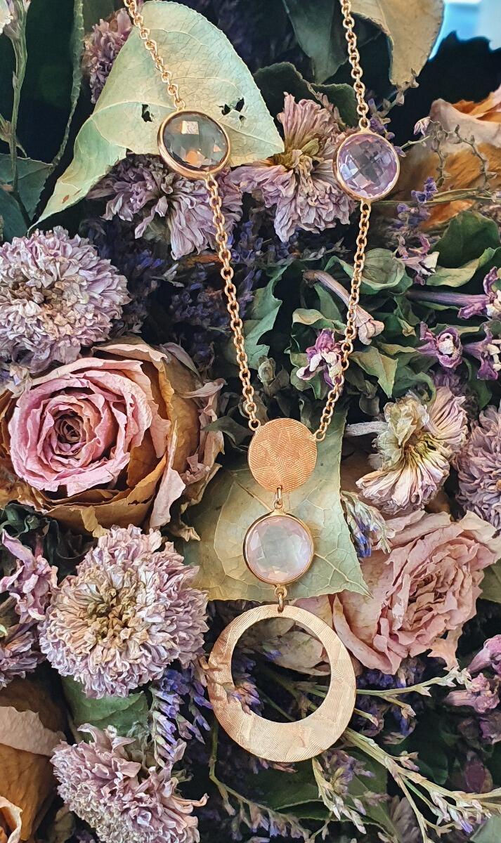 18k rose gold chain with rose quartz, smoky quartz and amethyst