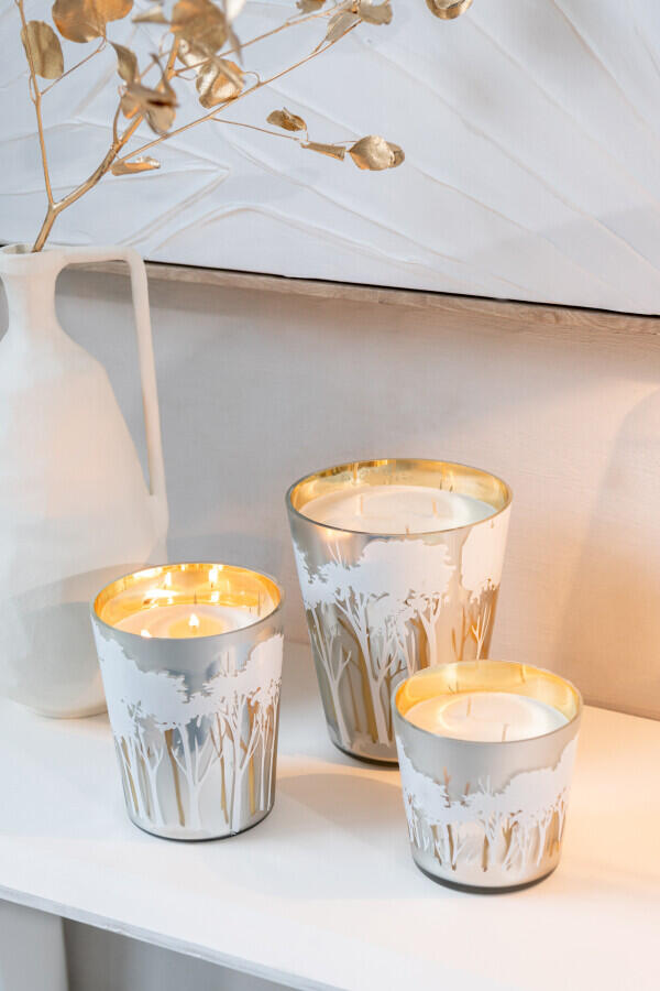 Scented candle Noa in a glass - tree motif - champagne gold and white - Winter - available in 3 sizes 55419 55420 55418