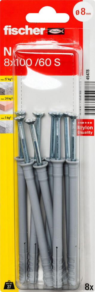 Fischer cheville à clou N 8 x 100 mm avec vis - 8 pièces