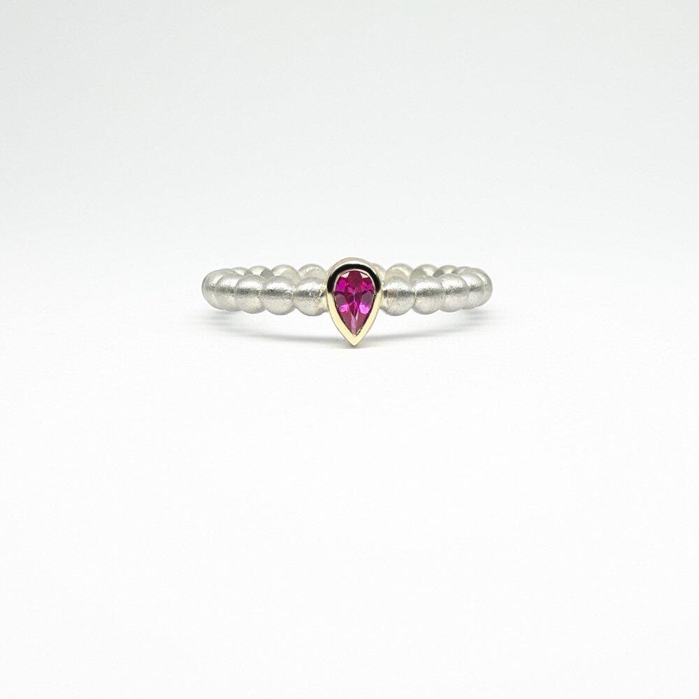 "round around", ball ring in 925 silver, 18kt yellow gold and pink tourmaline.