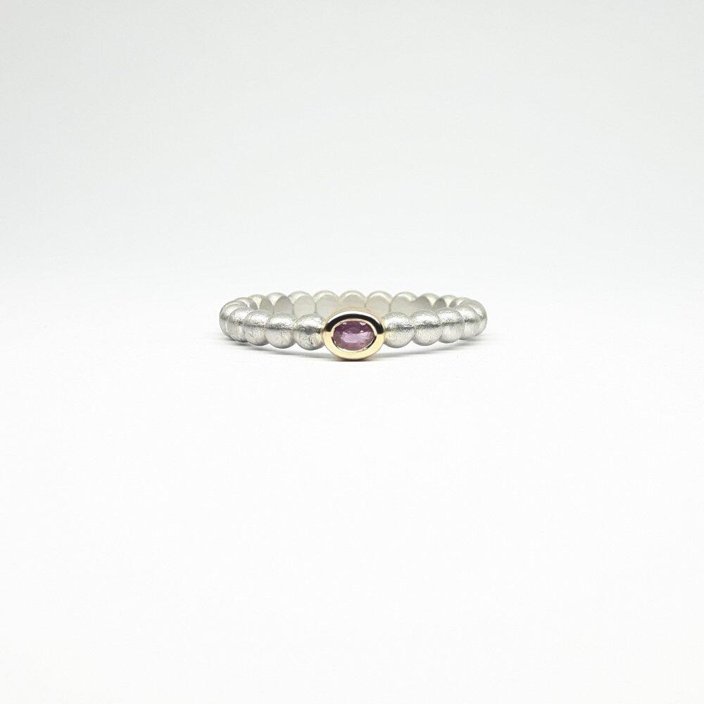 "round around", ball ring in 925 silver, 18kt yellow gold and pink tourmaline.