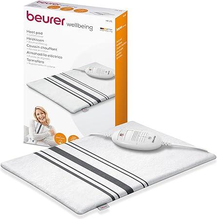 Beurer HK 25 Heizkissen, cozy heating pad with 3 heat settings, auto shut-off and safety system, Made in Europe, machine washable, 40 x 30 cm, white and gray