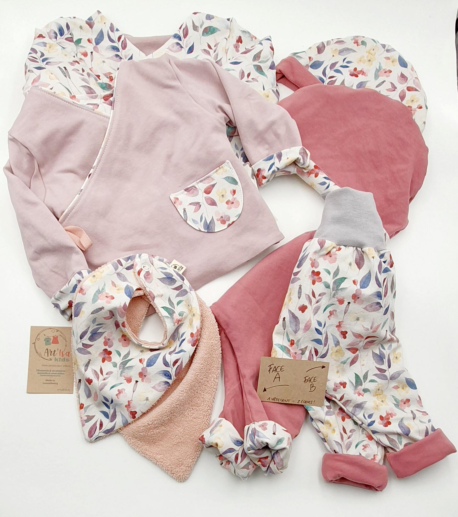 Ensemble fille 4 pièces (Sarouel + Gilet cache-coeur+bandana+bonnet) "Jardin d'automne" (réversibles & évolutifs!) 