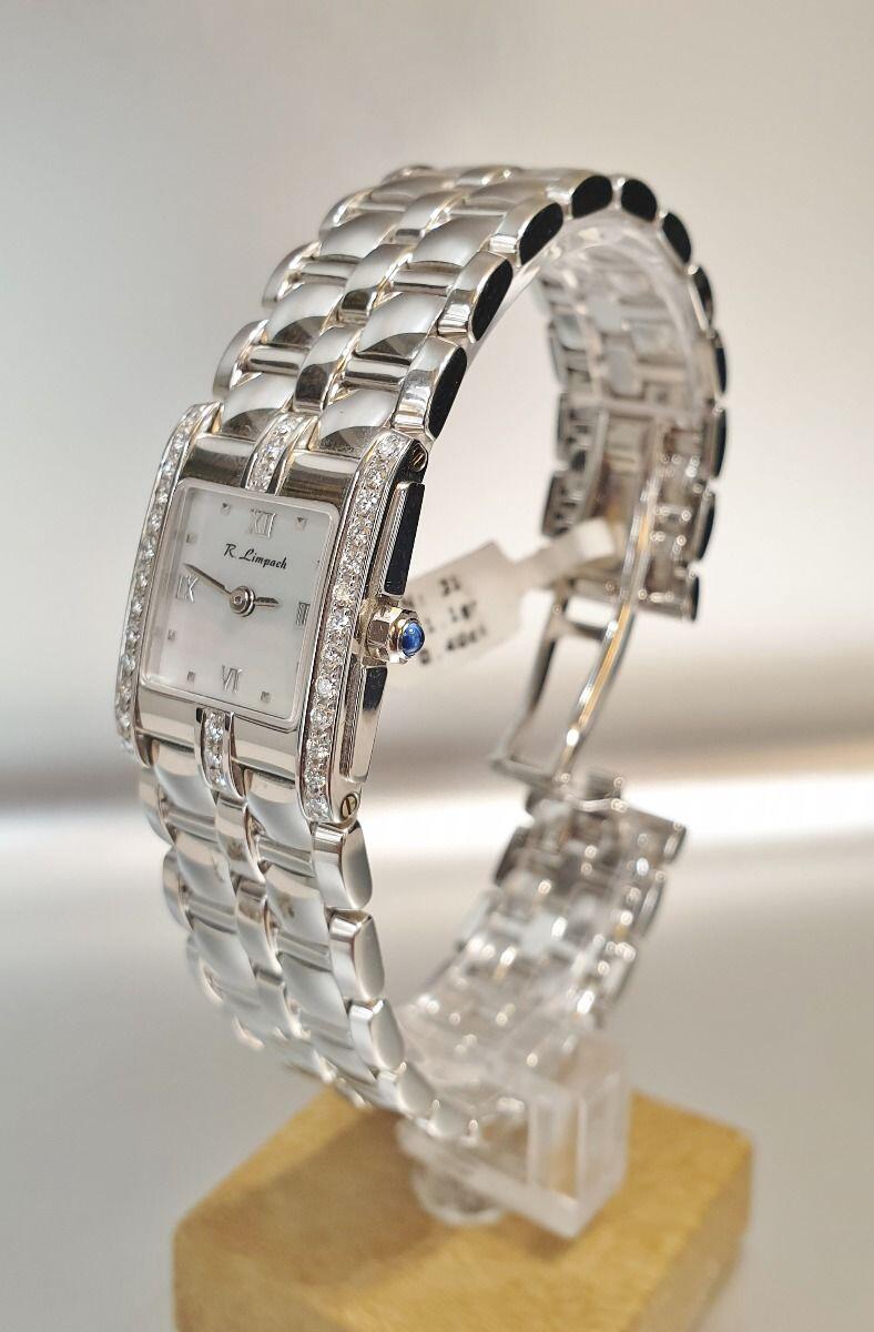 # Damenuhr Limpach aus 750/000 Weißgold, 18 Karat Legierung mit 33% Palladium, 61,1 g Gesamtgewicht (41,3 g Gold) rechteckig 1