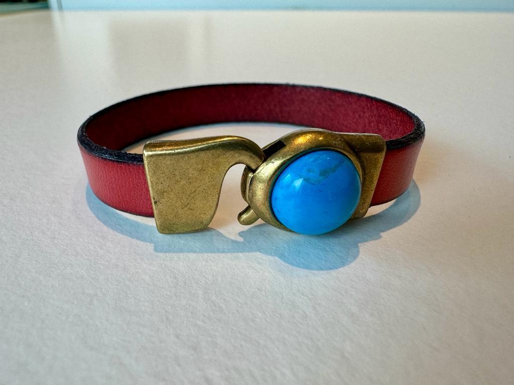 Bracelet en cuir bordeaux avec Turquoise femme - 17 cm  fermoir en bronze antique 