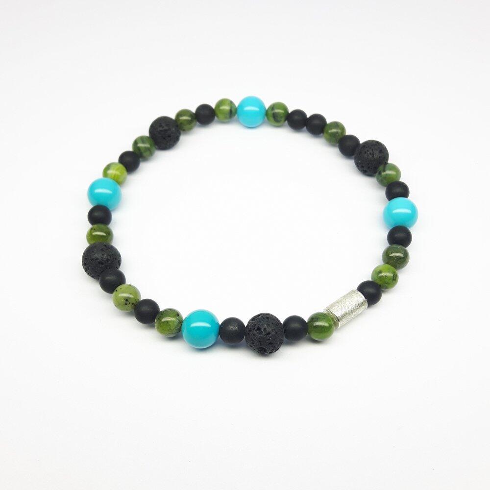 Bracelet made from onyx, lava stone, nephrite, turquoise and 925 sterling silver. Unique piece.