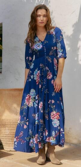 Jaase Botanica Indiana langes dunkelblaues Kleid mit geraffter elastischer Taille 2478