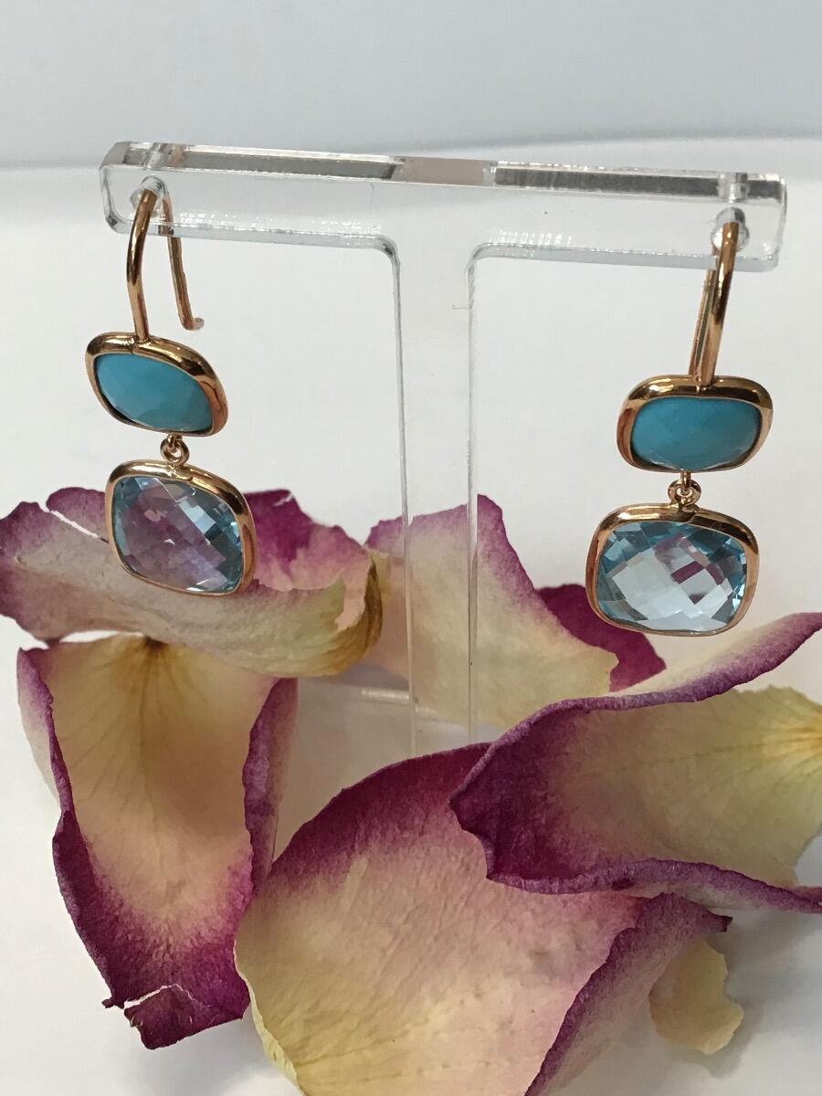 # 18K rose gold hook earrings with topaz and turquoise pastille