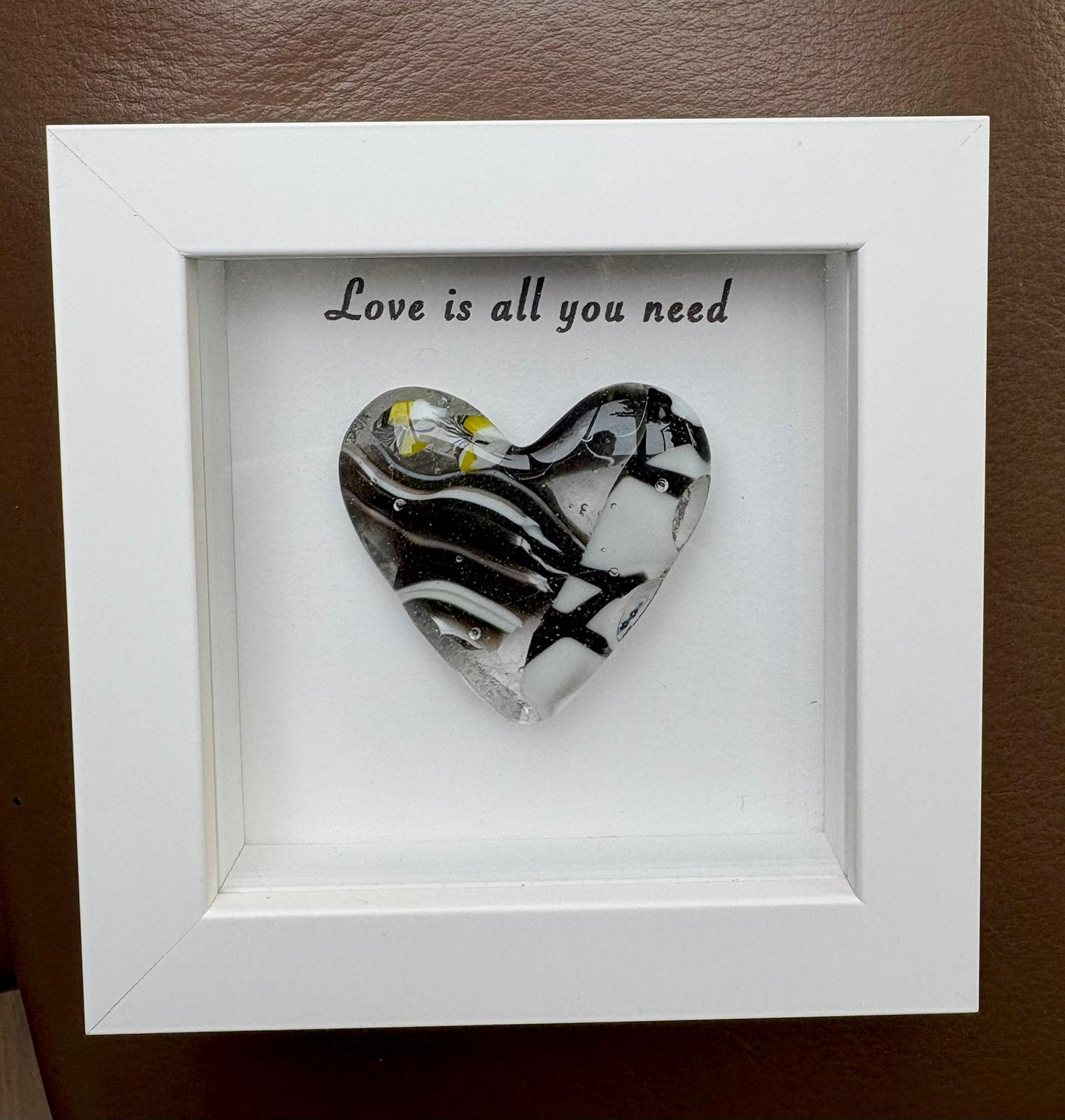 Millefiori Glass Heart, One-of-a-Kind, Handcrafted in a White Wooden Frame