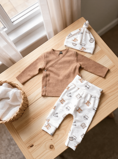 Broekiezz Set Ripp Lamgarm Wickelhemd hellbraun, Hose Woodland + Newbornmütze Woodlandprint