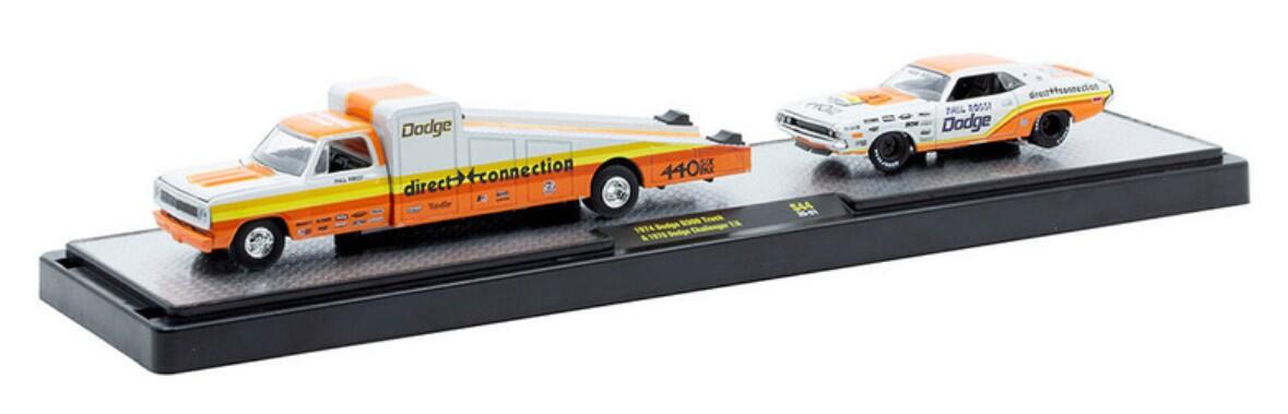 M2 Machines - #36000 S44 25-21 - Dodge D300 camion de 1974 et Dodge Challenger T/A de 1970 - Paul Rossi Dodge - Auto Haulers - échelle 1:64