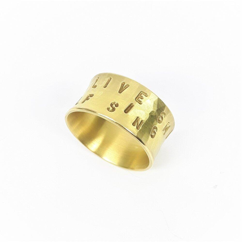 " LIVE, SING, SMILE , LAUGH, DANCE, URSELF ", ring in 18kt yellow gold. Unique piece.