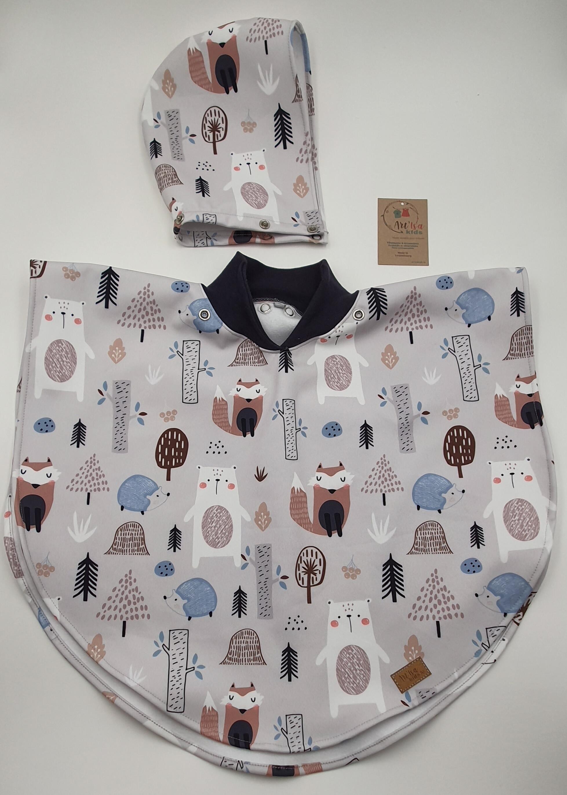 Cape manteau capuche amovible "Animaux gris"