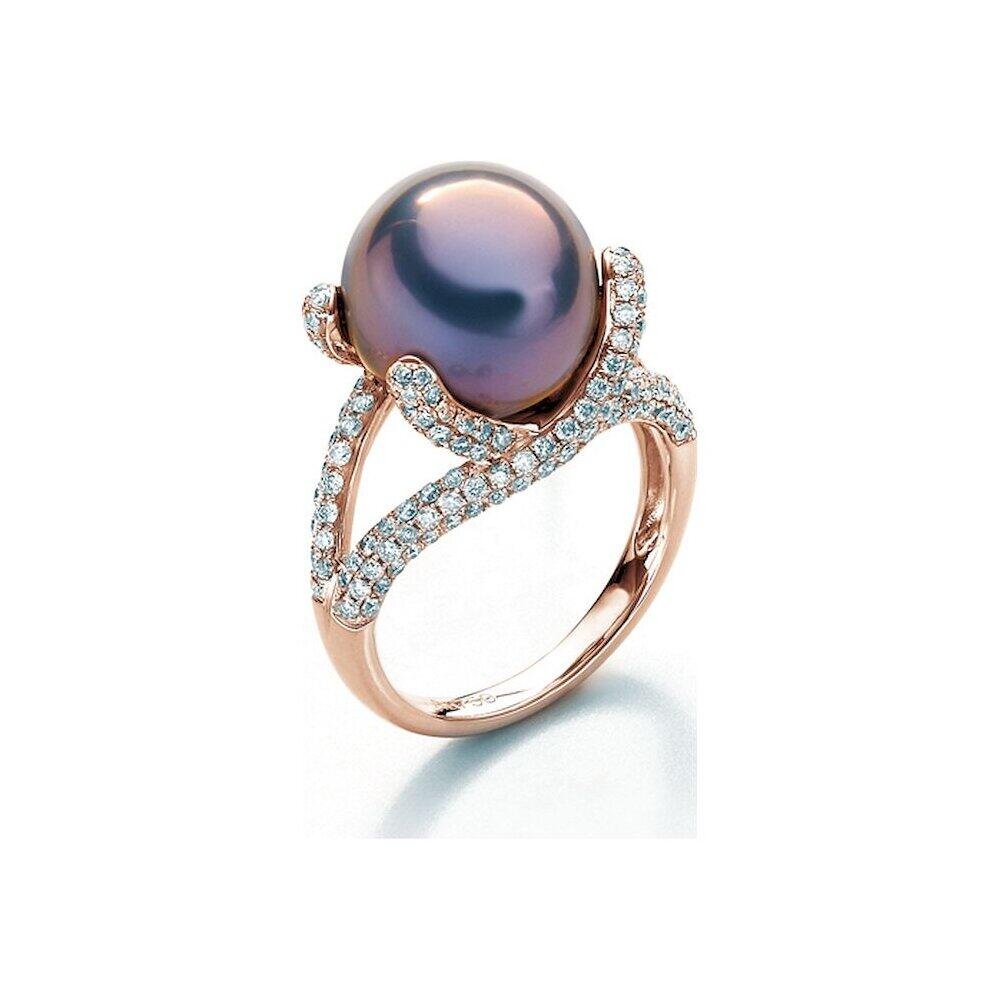 Luna-Pearls - 005.0951-53 - Bague - Or rosé 750 - Perle d'eau douce cultivée Ming 12,5–13 mm - 180 diamants brillants H/SI 1,26 ct - Taille 53