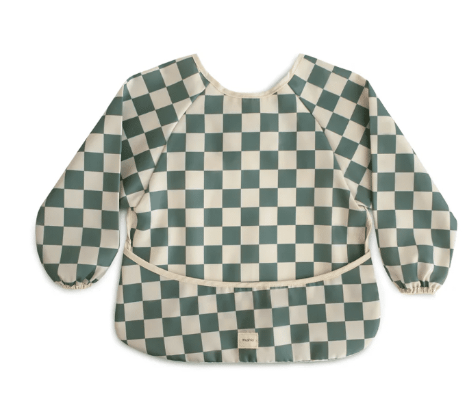 Mushie bavoir à manches longues - vert olive à carreaux