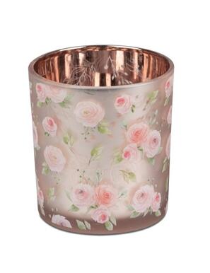 Lanterne en verre pour bougie chauffe-plat - rose avec motif de roses, 8 cm, réf. 222