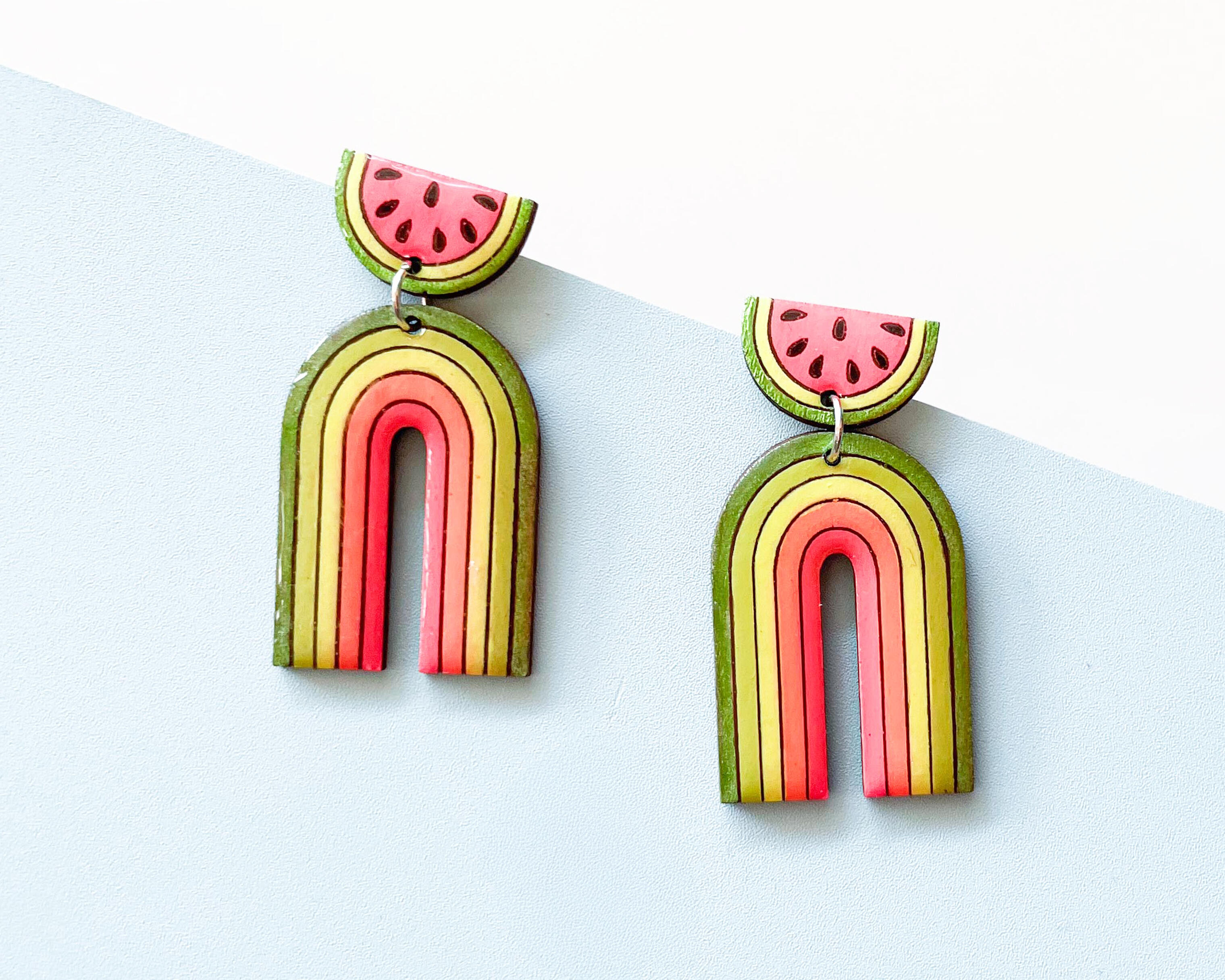 Fait main – Boucles d'oreilles pendantes Watermelon Rainbow – Boucles d'oreilles en bois avec clous en acier inoxydable