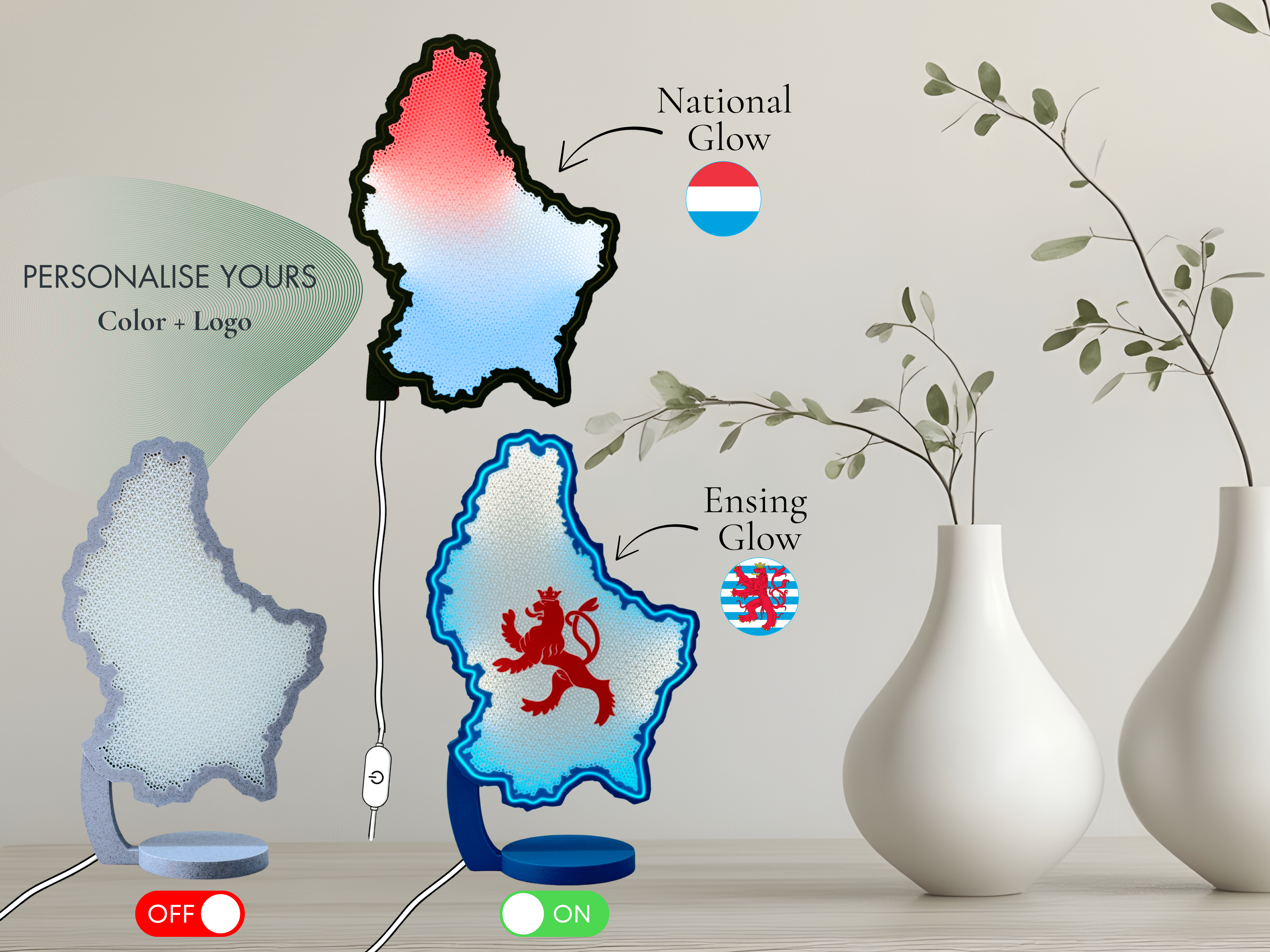 Lampe LED artisanale représentant la carte du Luxembourg, drapeau luxembourgeois, décoration artistique