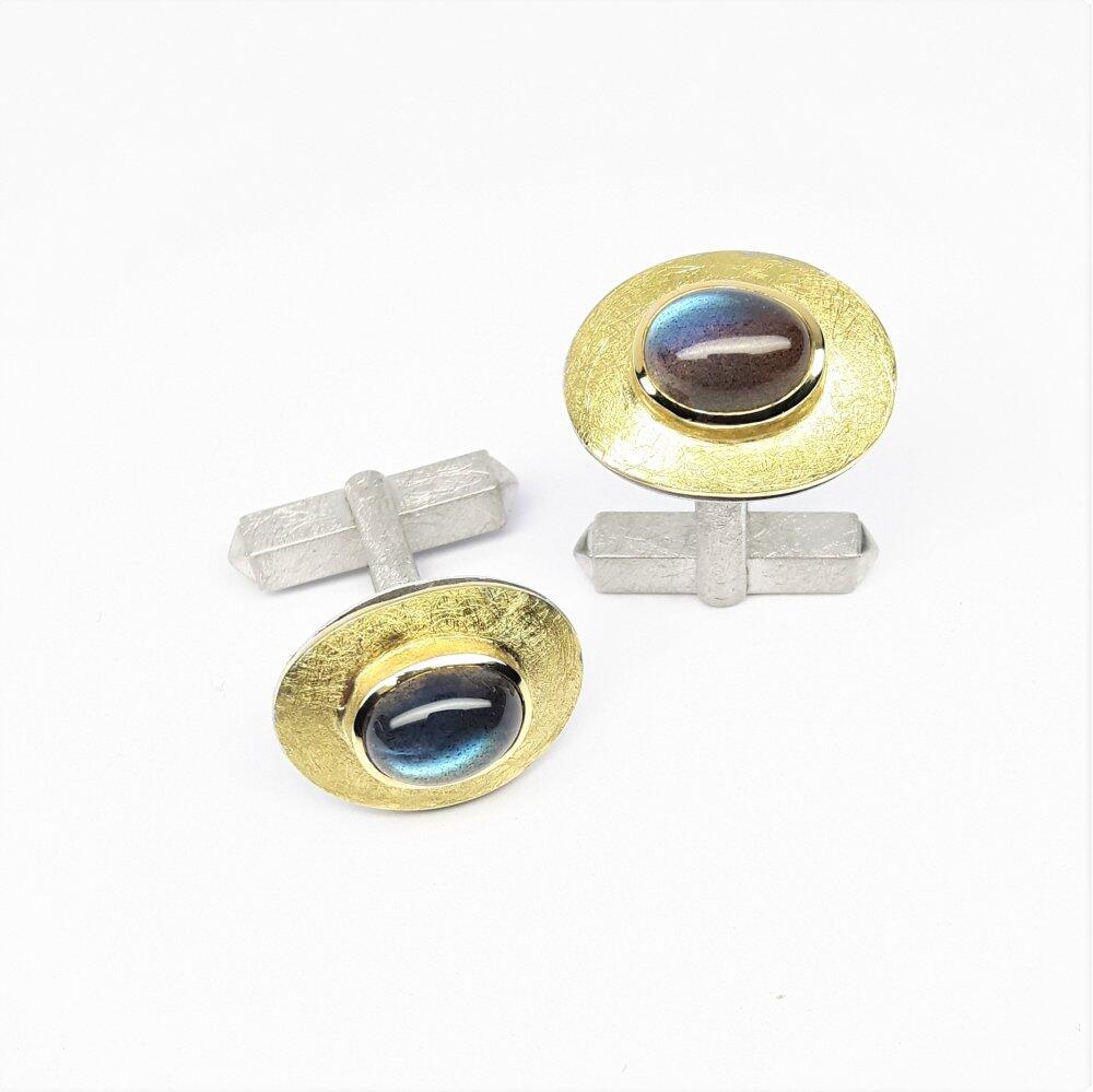 Cufflinks, 18kt yellow gold, 925 sterling silver, and labradorite.