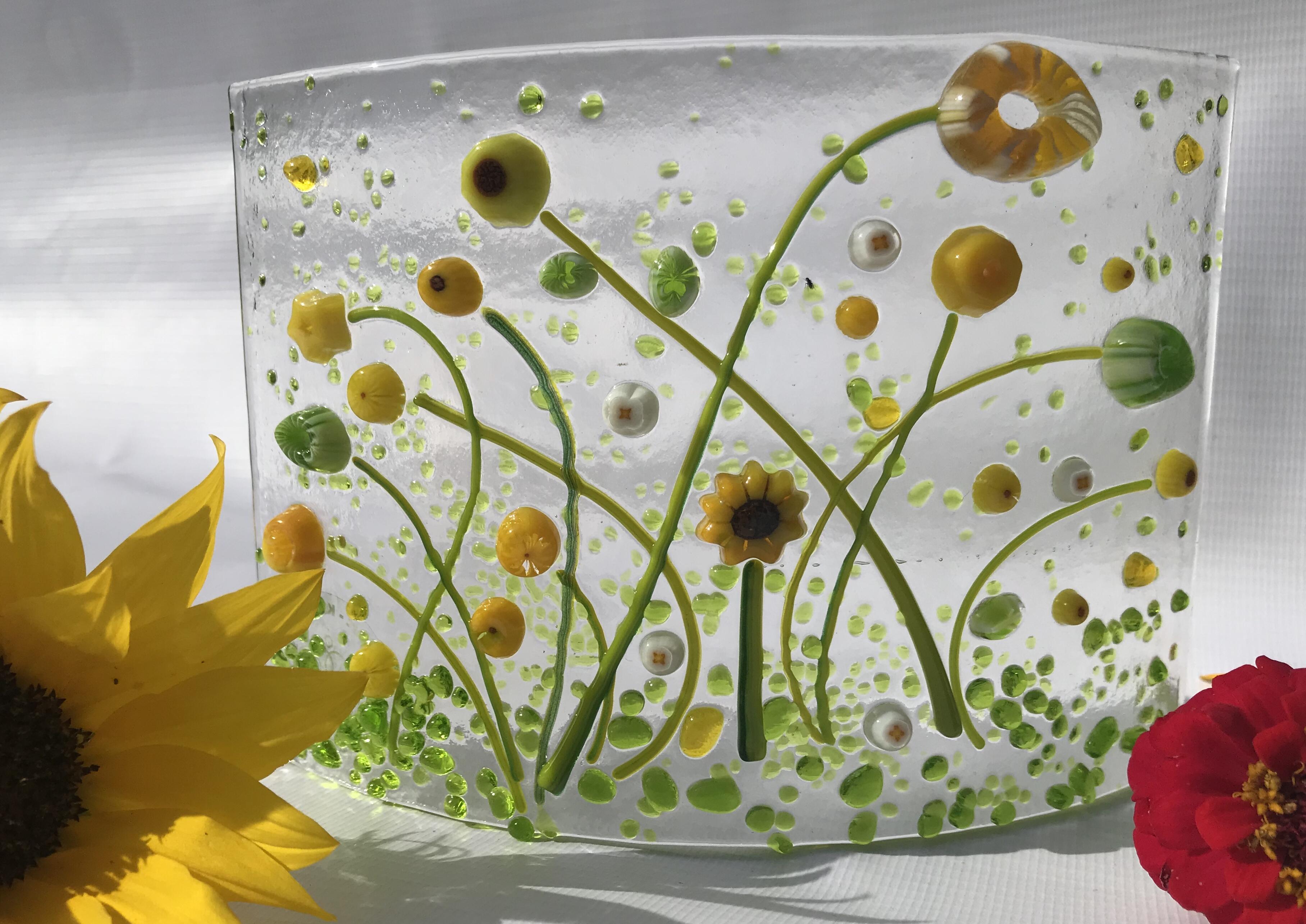 Flower meadow made of glass, handmade, with many beautiful millefiori, single piece