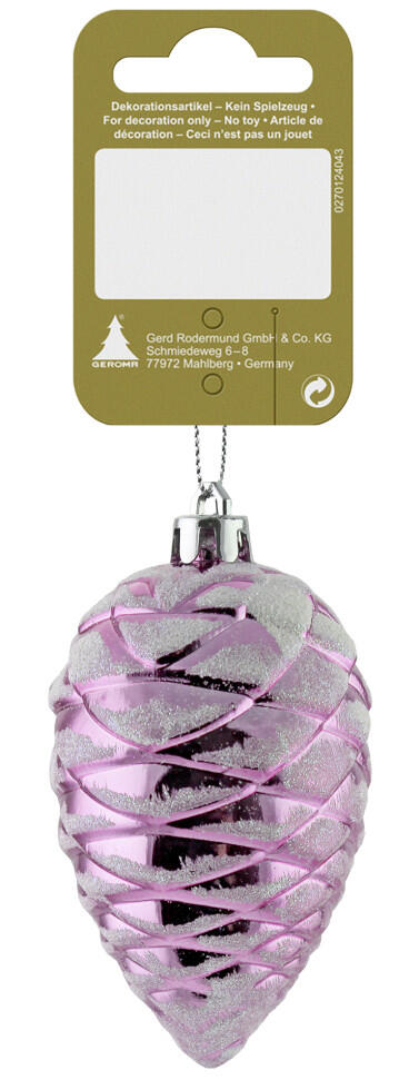 Plastic pine cone Christmas ornament with snow, 9 cm, silver-lilac