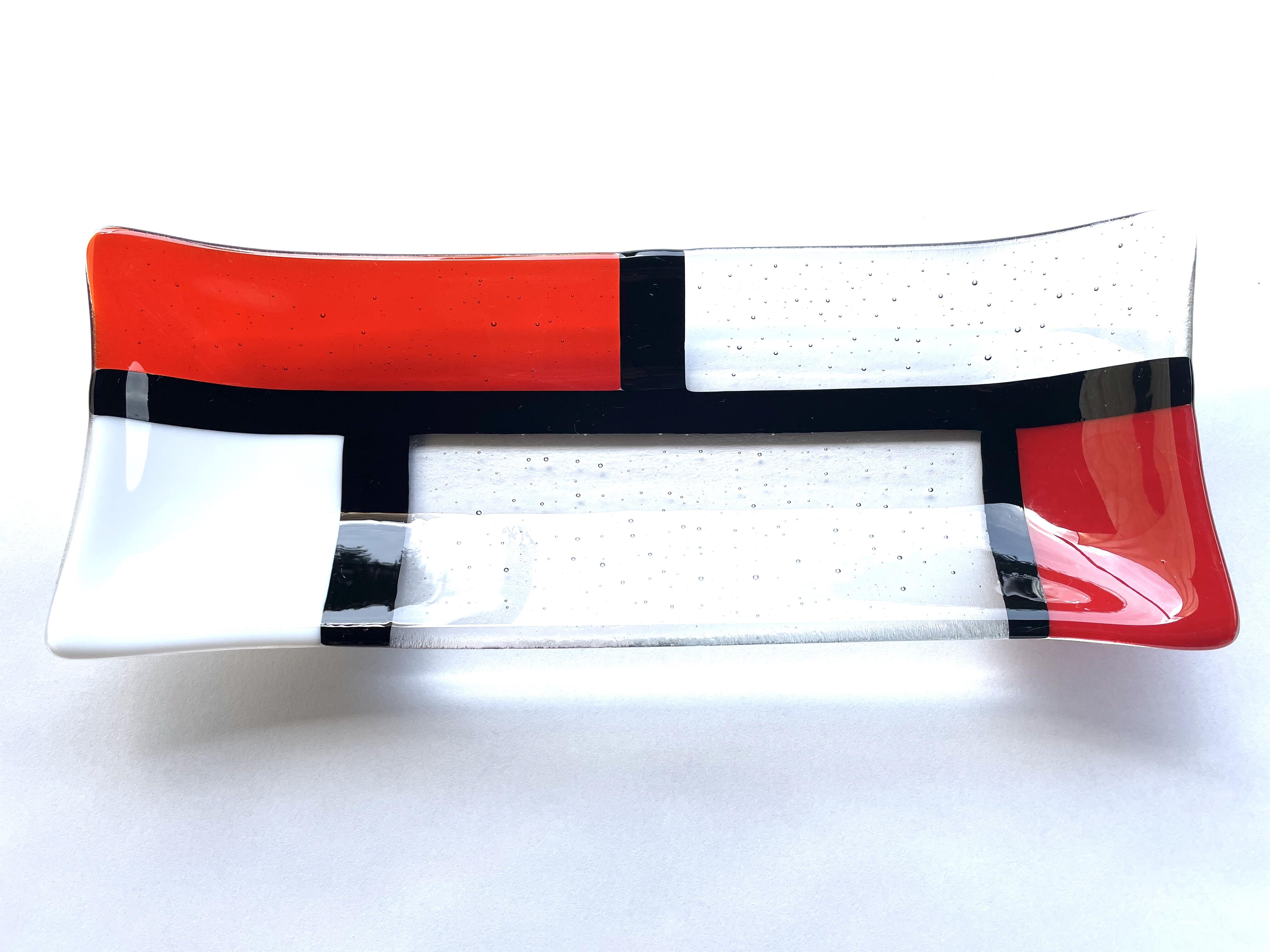 Rectangular glass bowl, "Mondrian", handmade, red, unique piece 