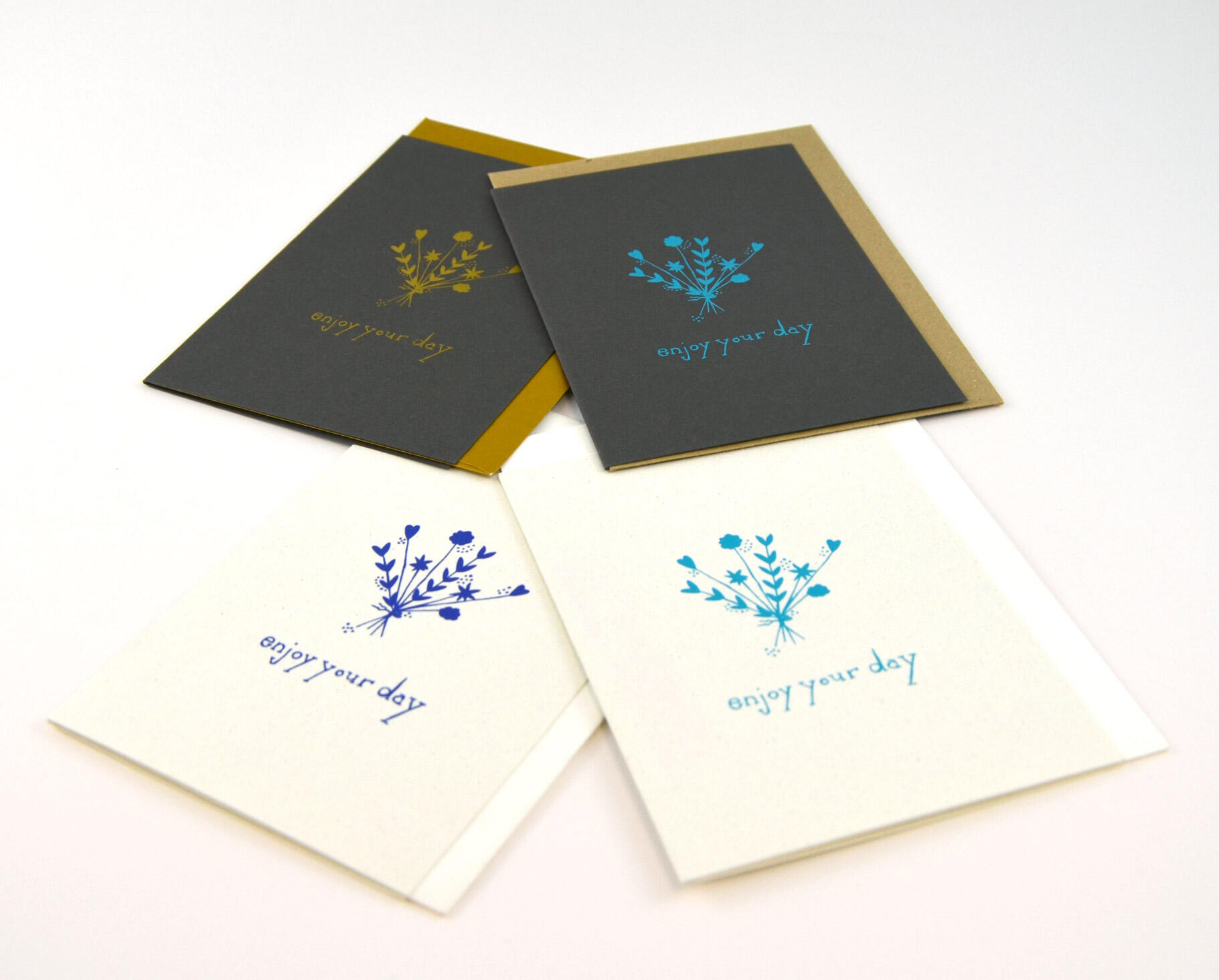 Greeting card "Enjoy your day", hand printed (vers. colors), with envelope