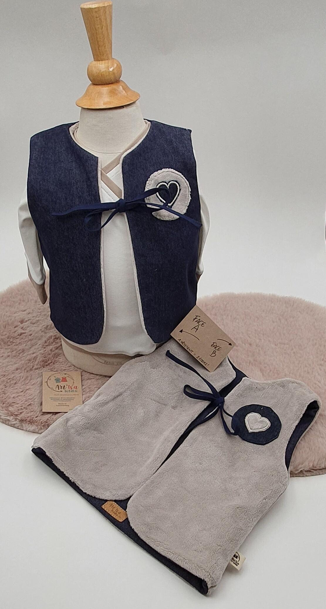Reversible soft cardigan for girls (Jeans/Minky beige heart patches)