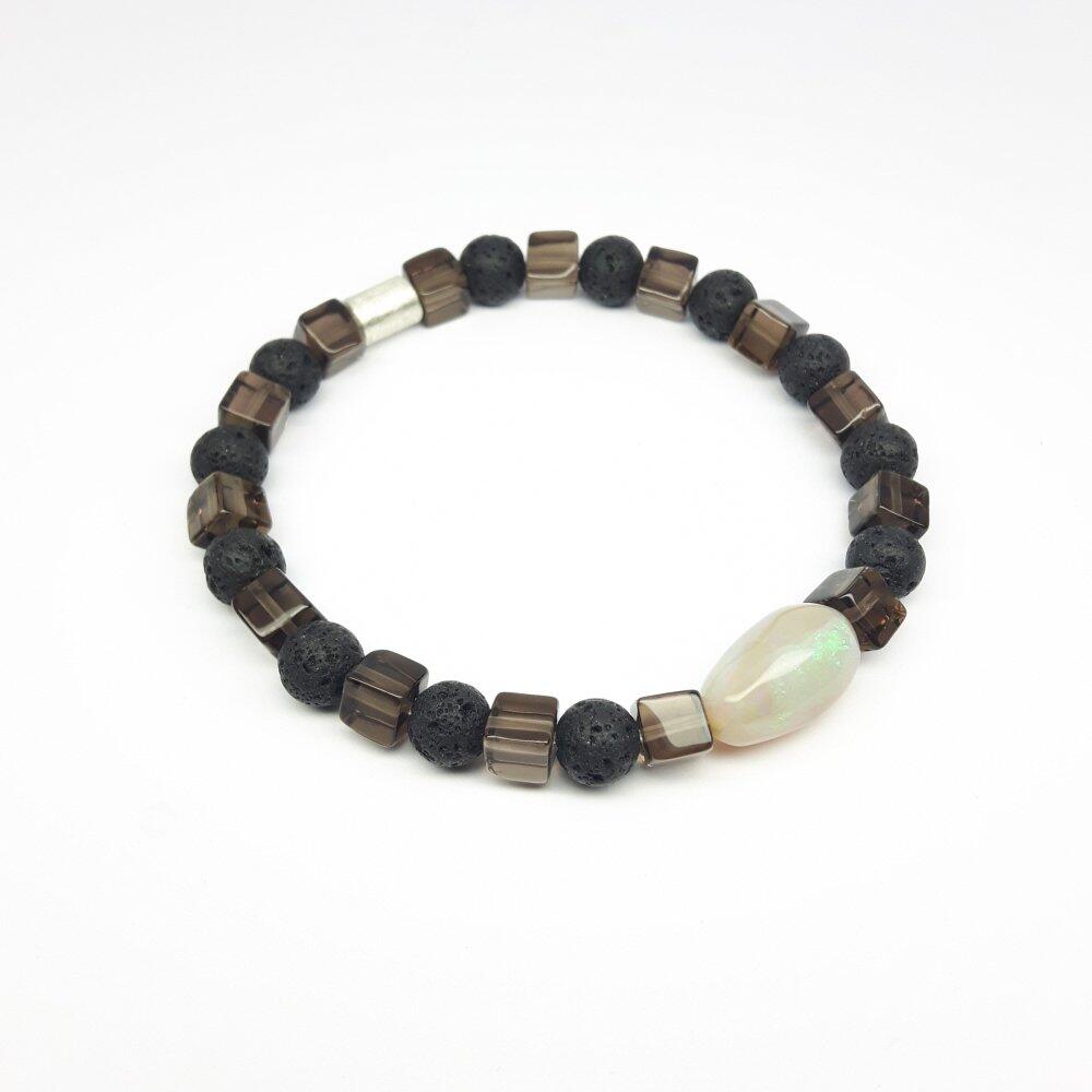 Bracelet made from lava, smoky quartz, opal, and 925 sterling silver. One-of-a-kind.