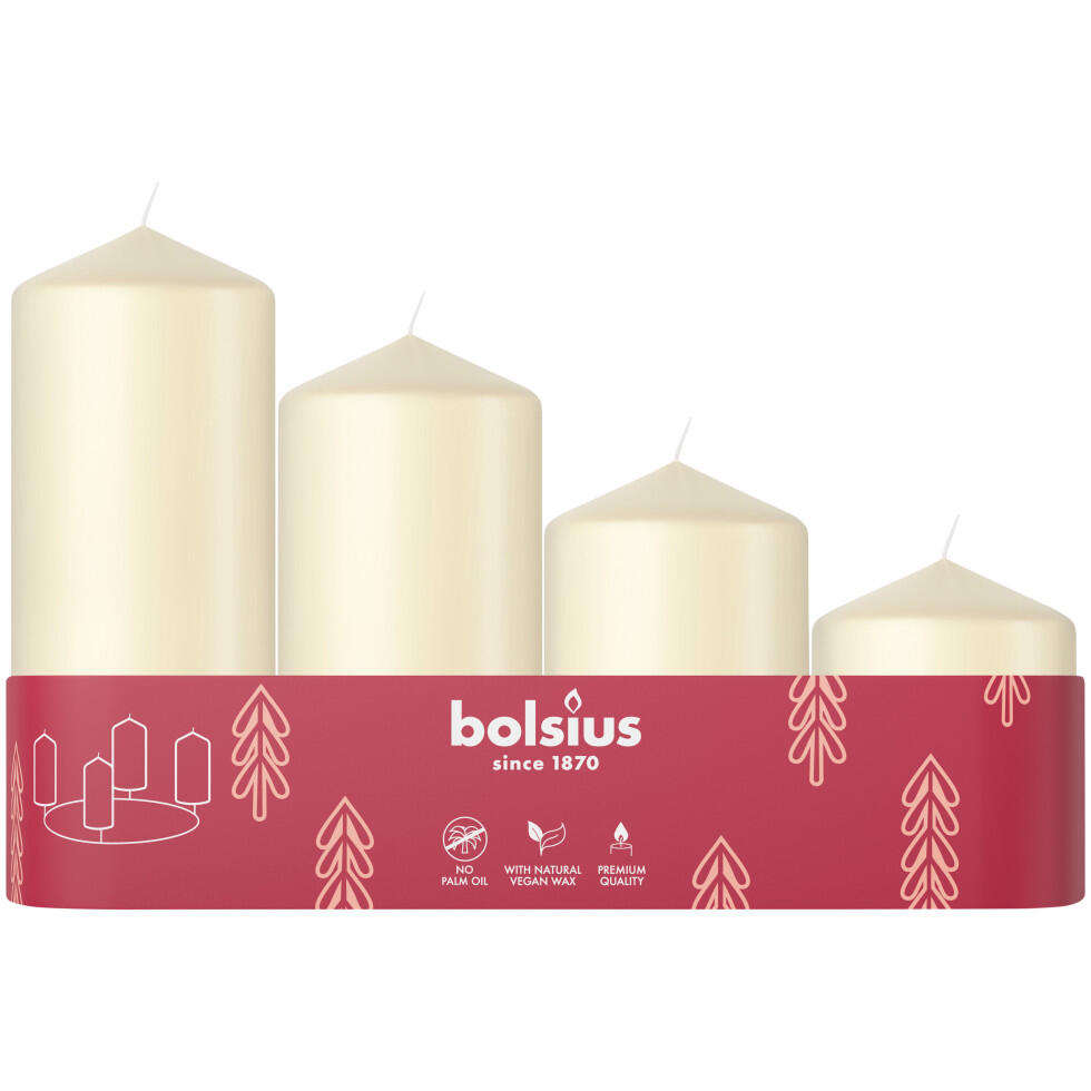 Bolsius pillar candles, 4-pack tray, graduated, Ø 4.8 cm, soft pearl