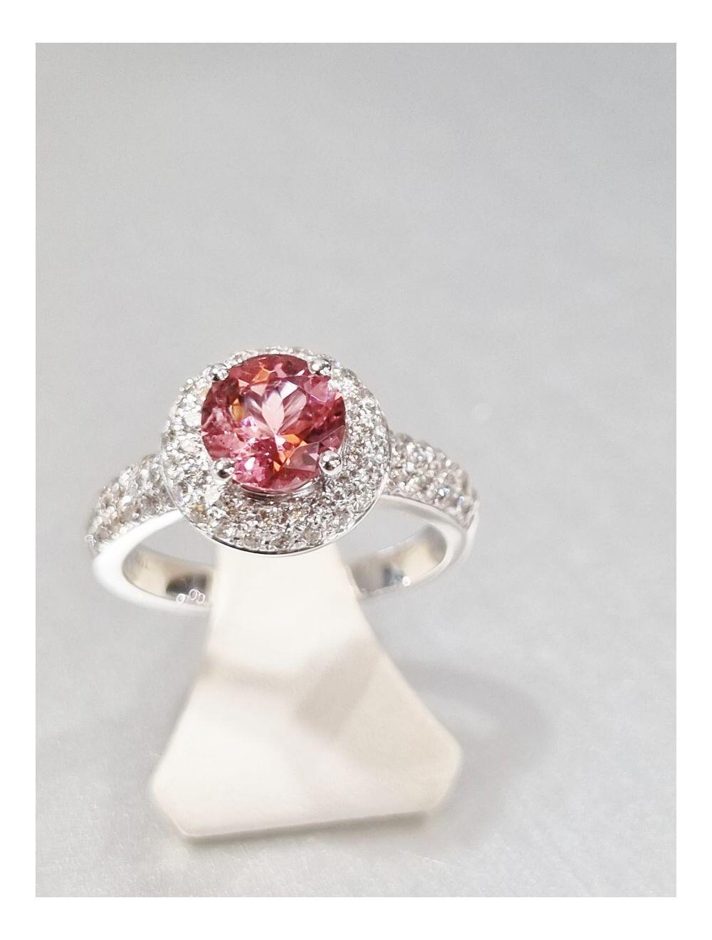 # 18k white gold ring, 1.20ct round tourmaline, set with 0.71ct natural diamonds, handmade