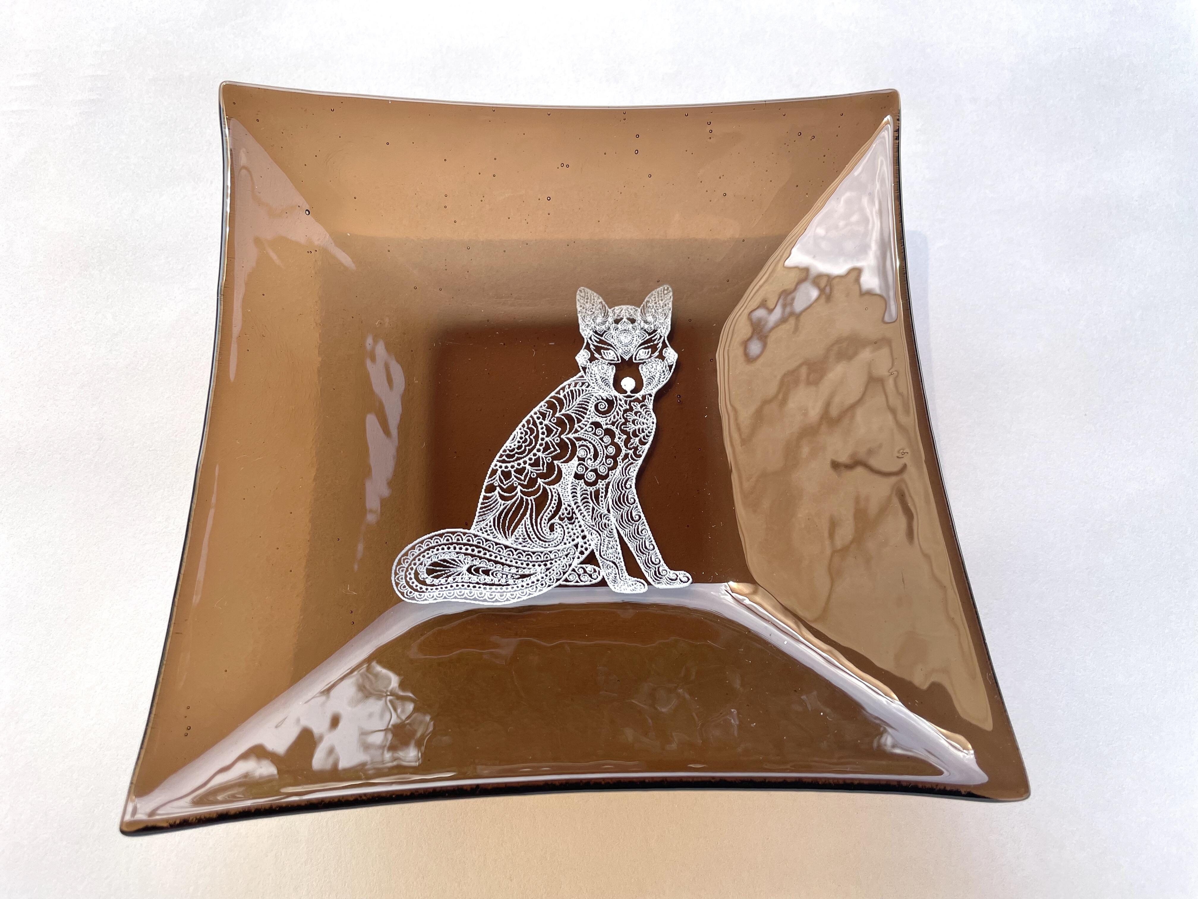 Assiette avec motif de renard en verre, faite à la main, verre transparent