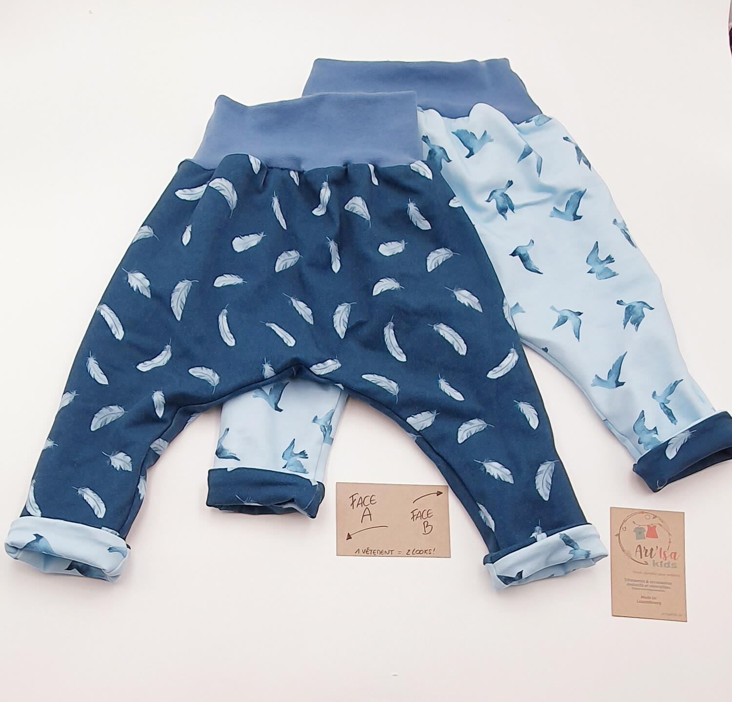 Reversible and adaptable pants "Oiseaux bleus"